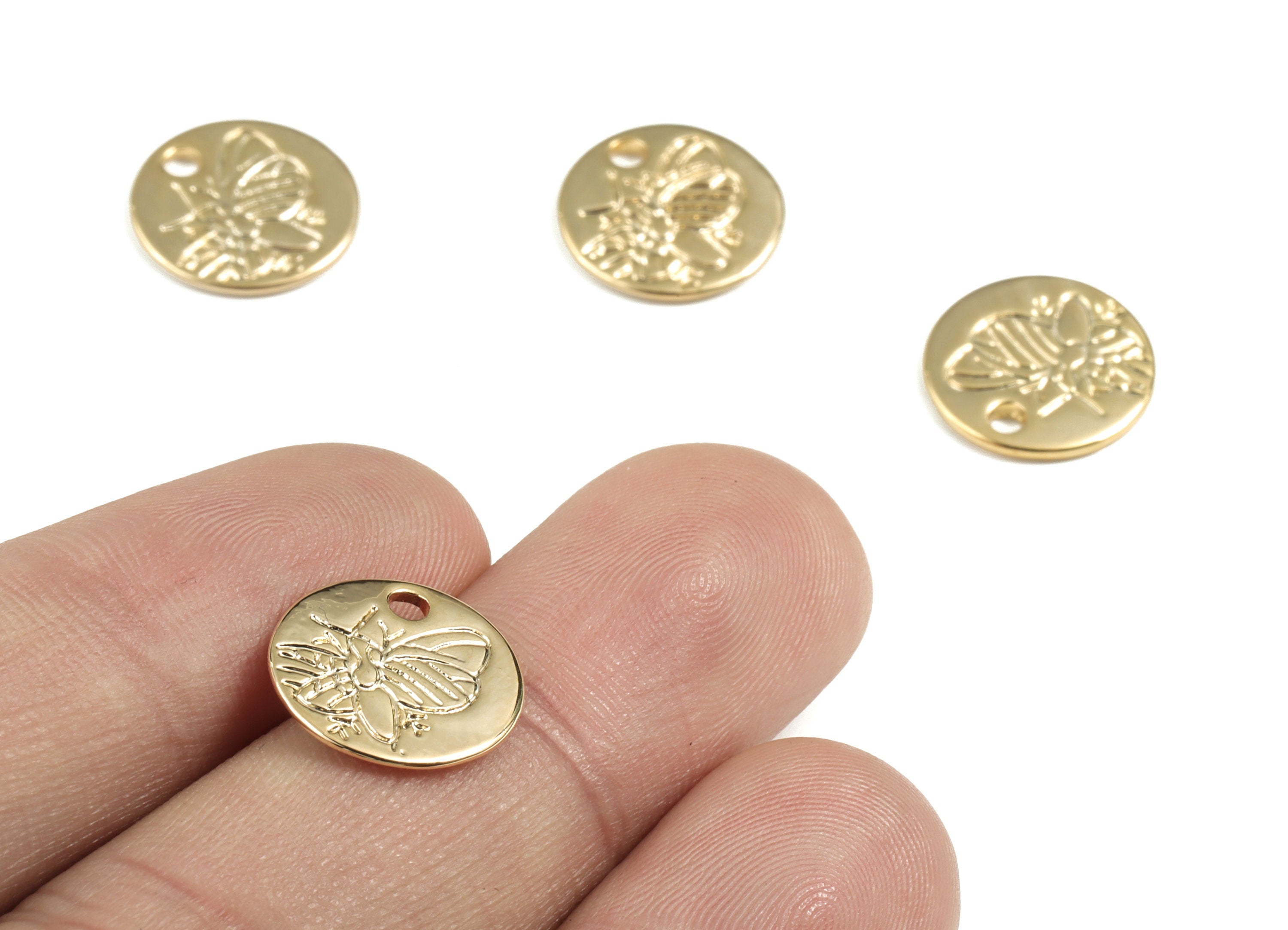 Brass Round Insect Earring Charms - Gold Circle Insect Pendant - 18K Real Gold Plated Brass - 13.32x13.32x1.13mm - RGP2794 - DOMEDBAZAAR