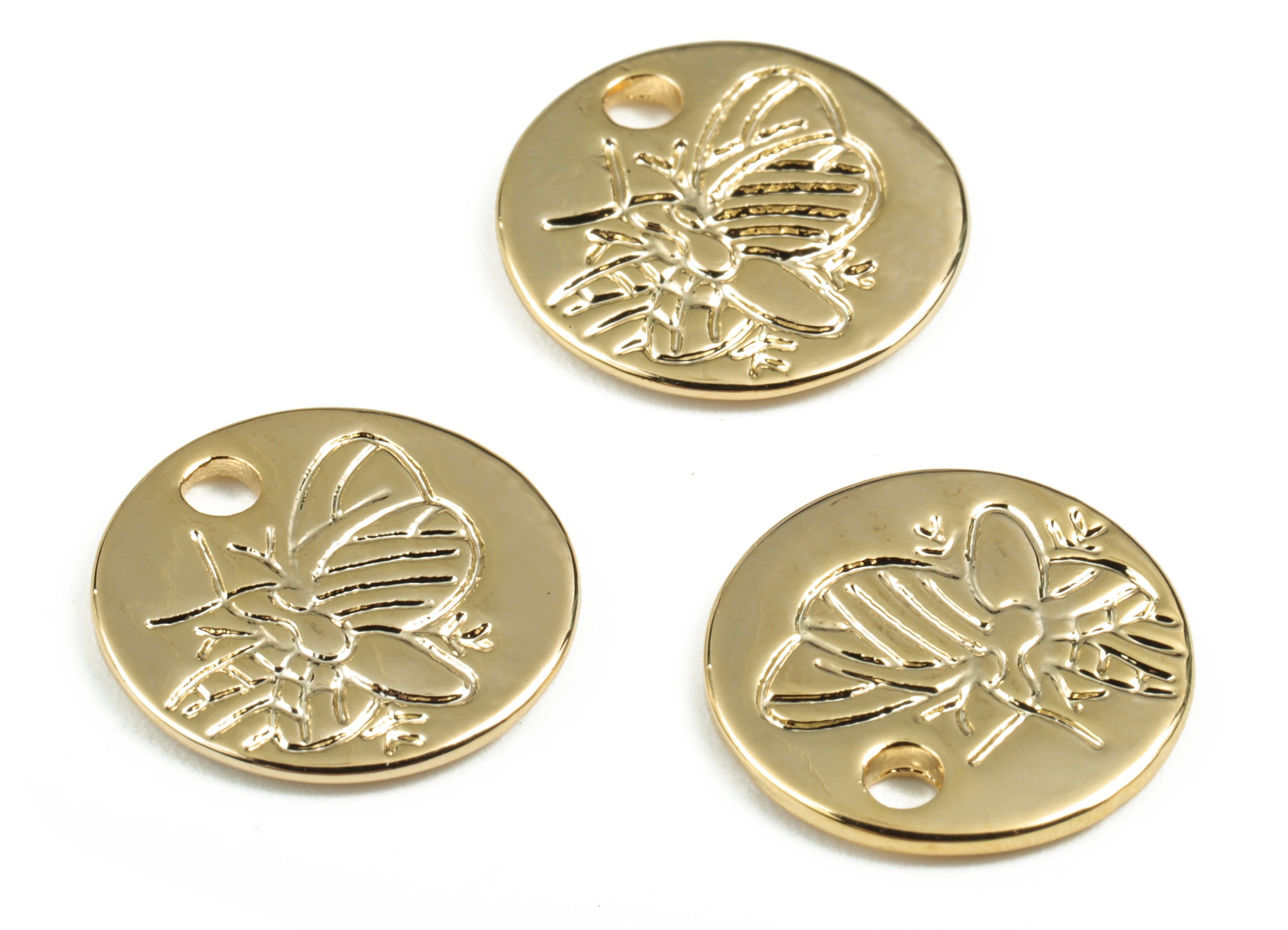 Brass Round Insect Earring Charms - Gold Circle Insect Pendant - 18K Real Gold Plated Brass - 13.32x13.32x1.13mm - RGP2794 - DOMEDBAZAAR