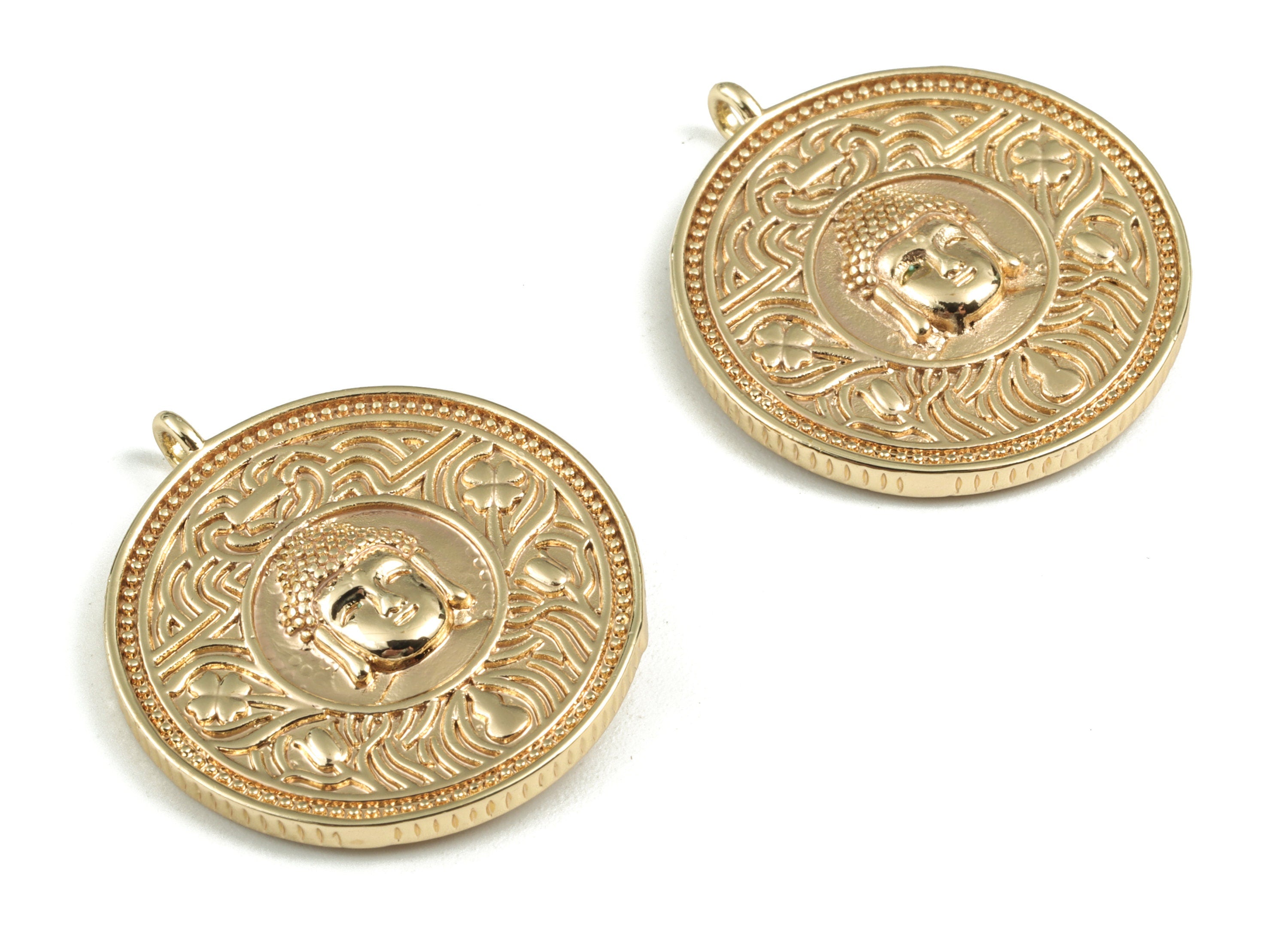 Brass Round Buddha Statue Earring Charms - Gold Round Pendant - 18K Real Gold Plated Brass - 28.09x25.03x4.4mm - RGP2760 - DOMEDBAZAAR