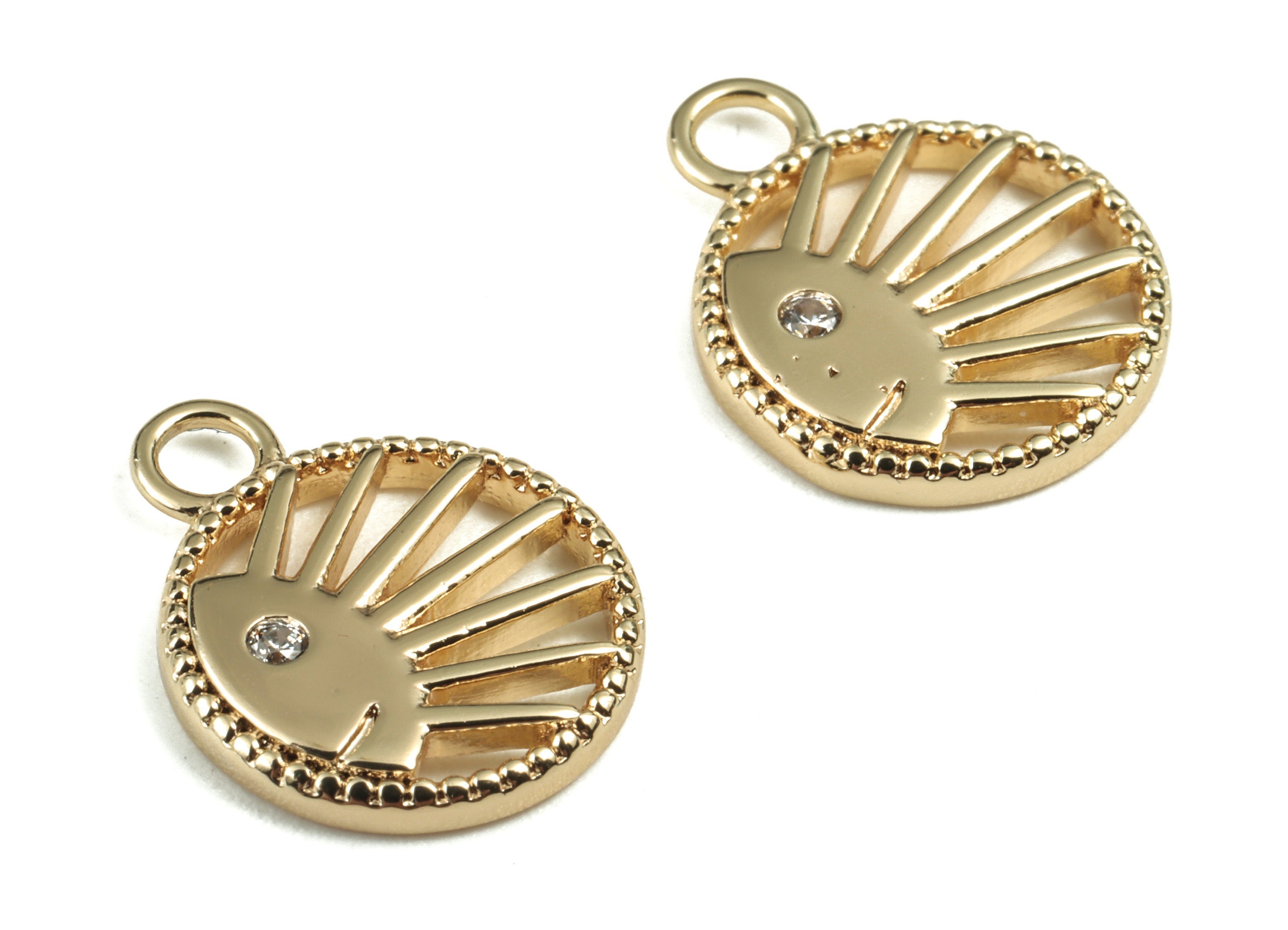 Brass Round Sun Face Earring Charms With Zircon - Gold Circle Sun Face Pendant - 18K Real Gold Plated Brass - 15.29x12.06x1.84mm - RGP2774 - DOMEDBAZAAR