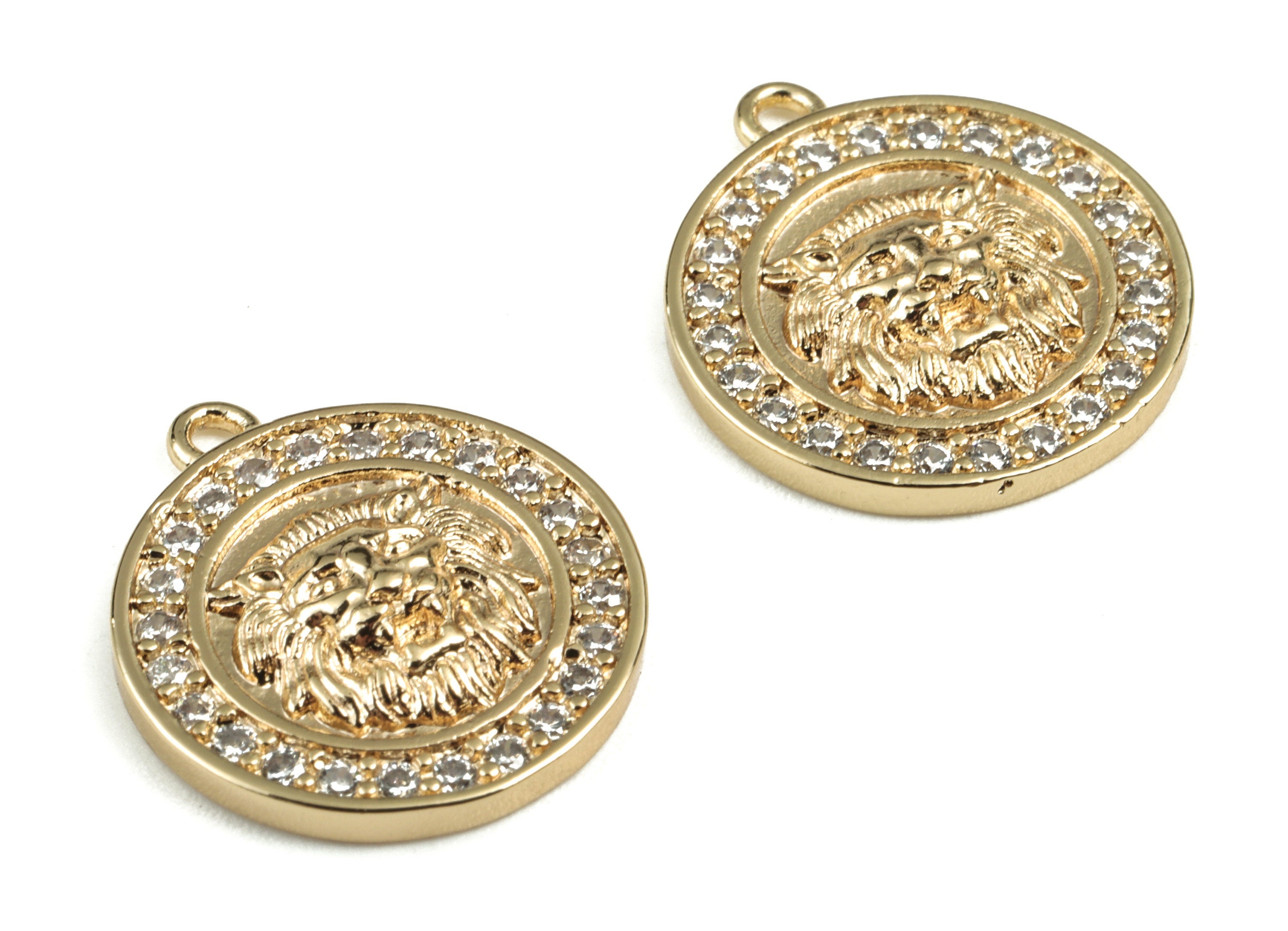 Brass Round Lion king Earring Charms With Zircons - Gold Circle Lion king Pendant - 18K Real Gold Plated Brass - 17.7x15.44x3.08mm - RGP2765 - DOMEDBAZAAR