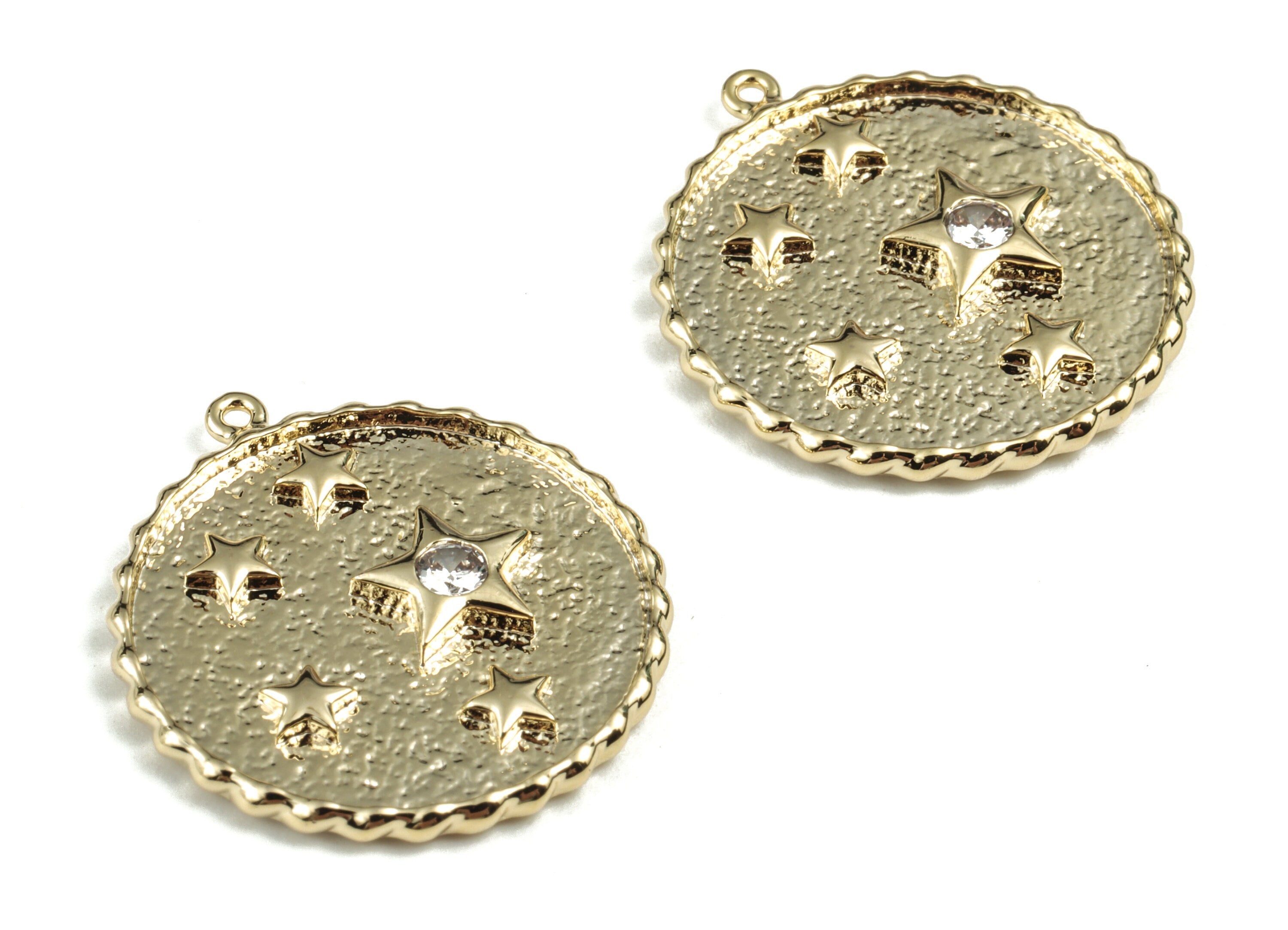 Brass Round Stars Earring Charms With Zircons - Gold Coin Pendant - 18K Real Gold Plated Brass - 24.88x22.81x2.75mm - RGP2761 - DOMEDBAZAAR
