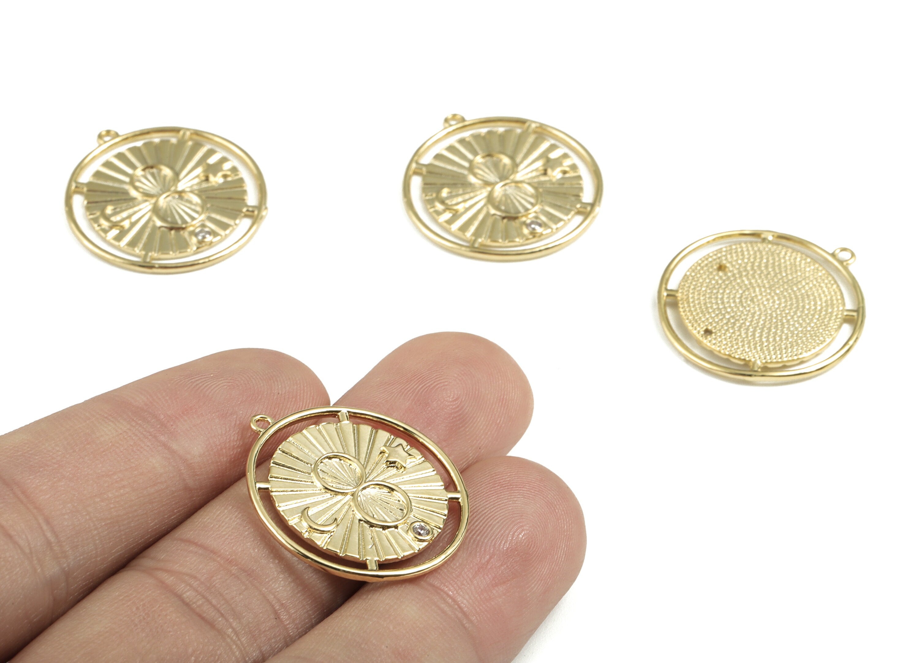 Brass Round Moon Star Earring Charms With Zircon - Gold Round Pendant - 18K Real Gold Plated Brass - 25.15x23.23x1.72mm - RGP2771 - DOMEDBAZAAR