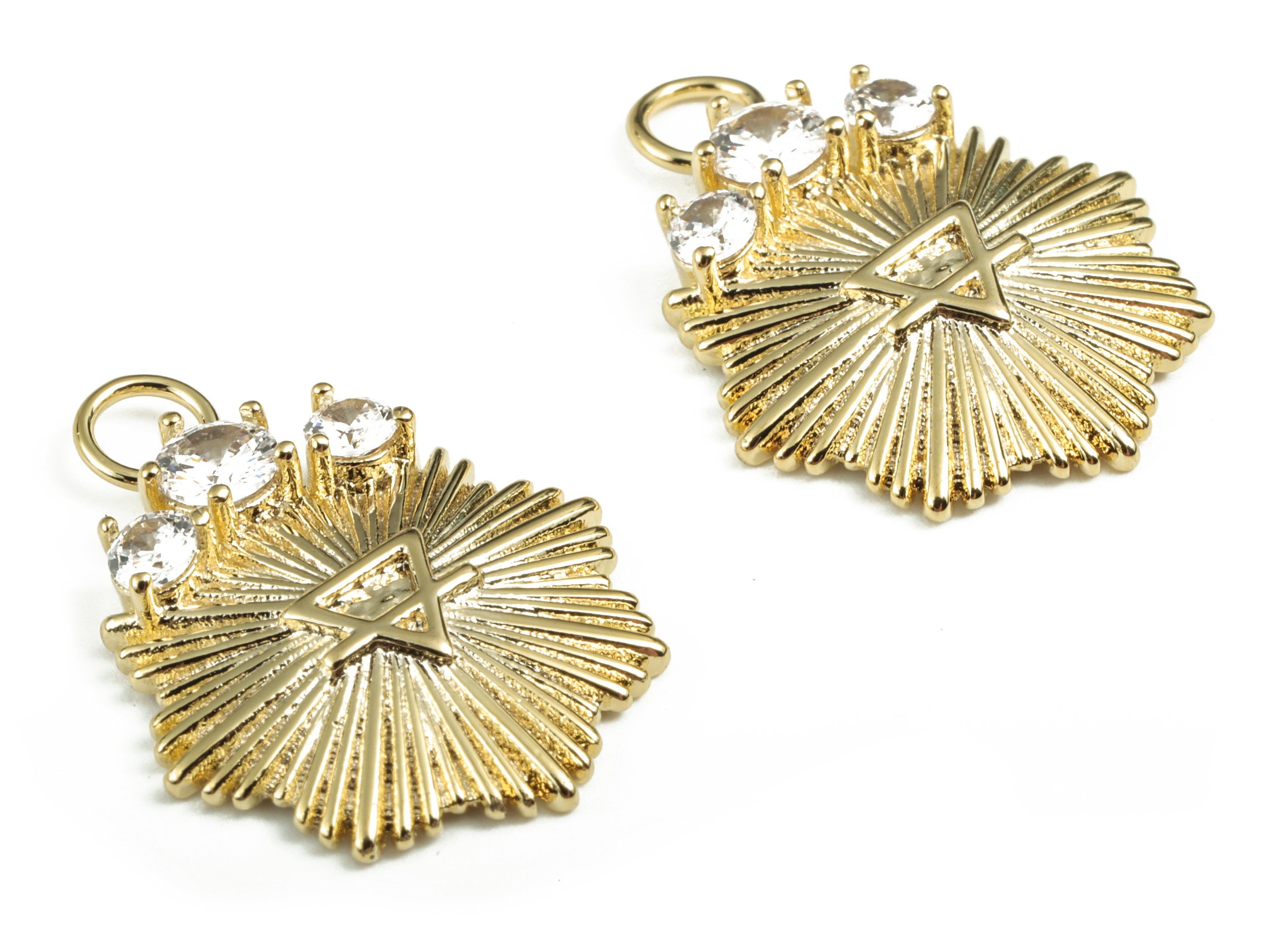 Brass Sun Triangle Earring Charms With Zircons - Gold Sun Triangle Pendant - 18K Real Gold Plated Brass - 23.03x17.82x3.64mm - RGP2776 - DOMEDBAZAAR