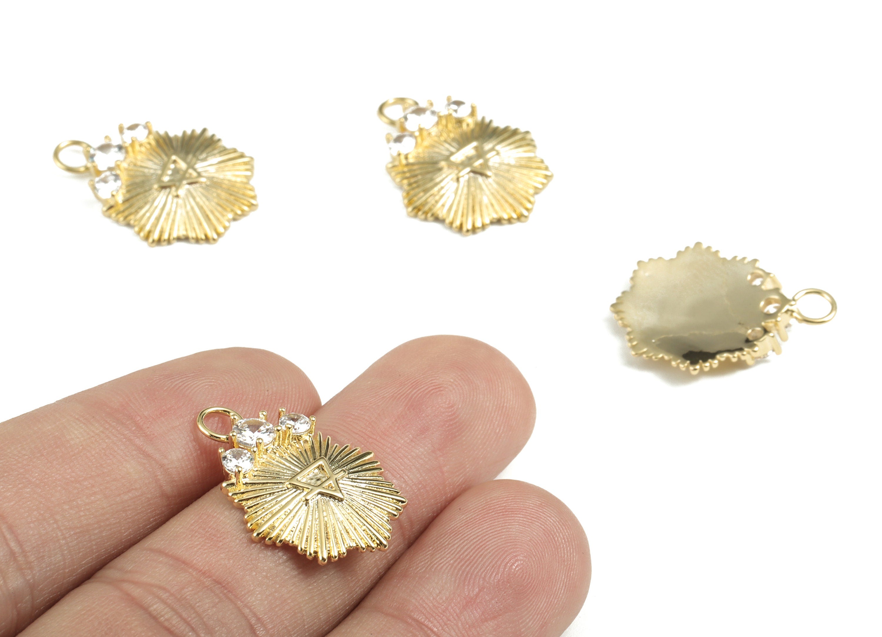 Brass Sun Triangle Earring Charms With Zircons - Gold Sun Triangle Pendant - 18K Real Gold Plated Brass - 23.03x17.82x3.64mm - RGP2776 - DOMEDBAZAAR