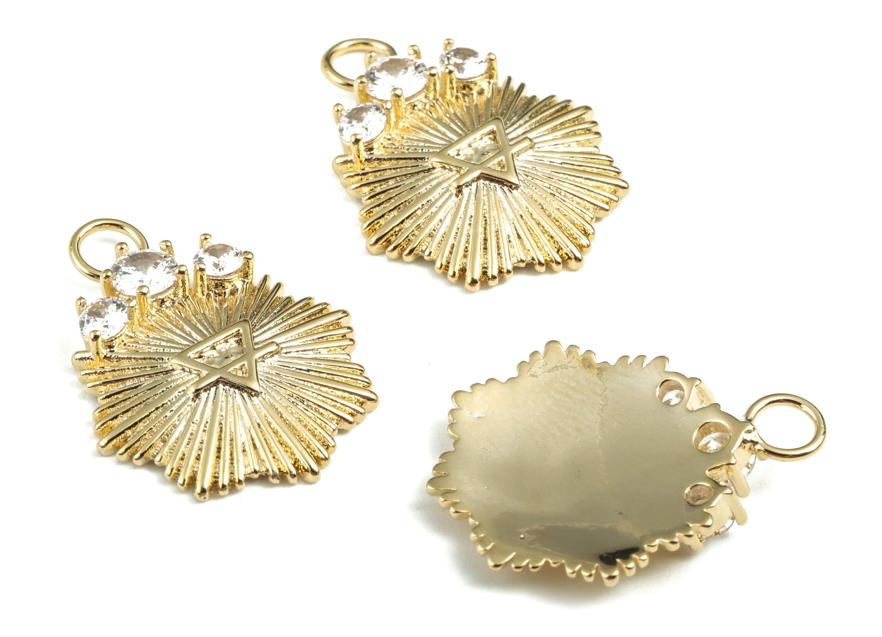 Brass Sun Triangle Earring Charms With Zircons - Gold Sun Triangle Pendant - 18K Real Gold Plated Brass - 23.03x17.82x3.64mm - RGP2776 - DOMEDBAZAAR