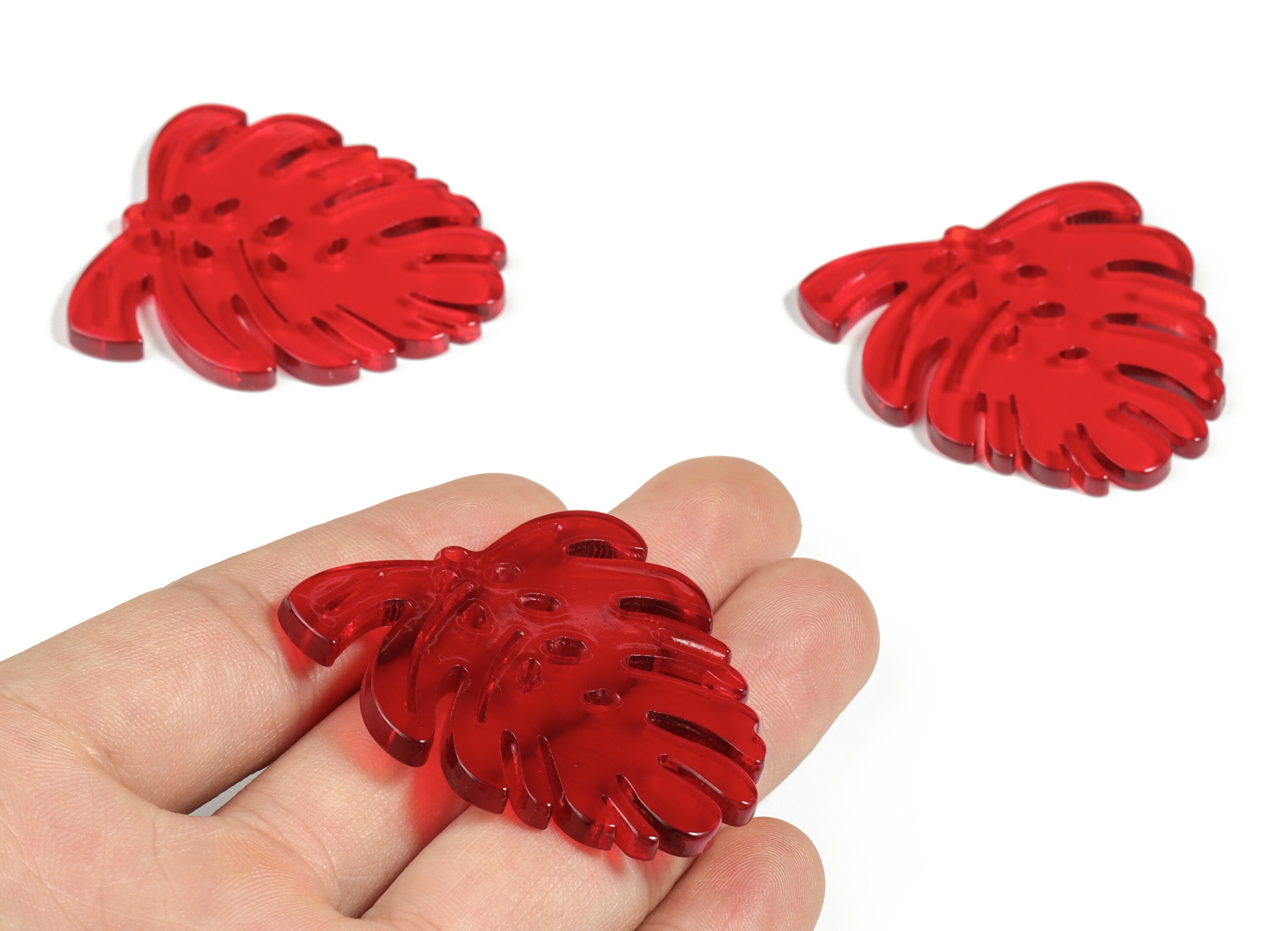 Acrylic Leaf Earring Charms - Acrylic Red Monstera Earrings - Jewelry Supplies - Color Code:A479 - 45.13x43.23x2.95mm - AC2172-A479 - DOMEDBAZAAR
