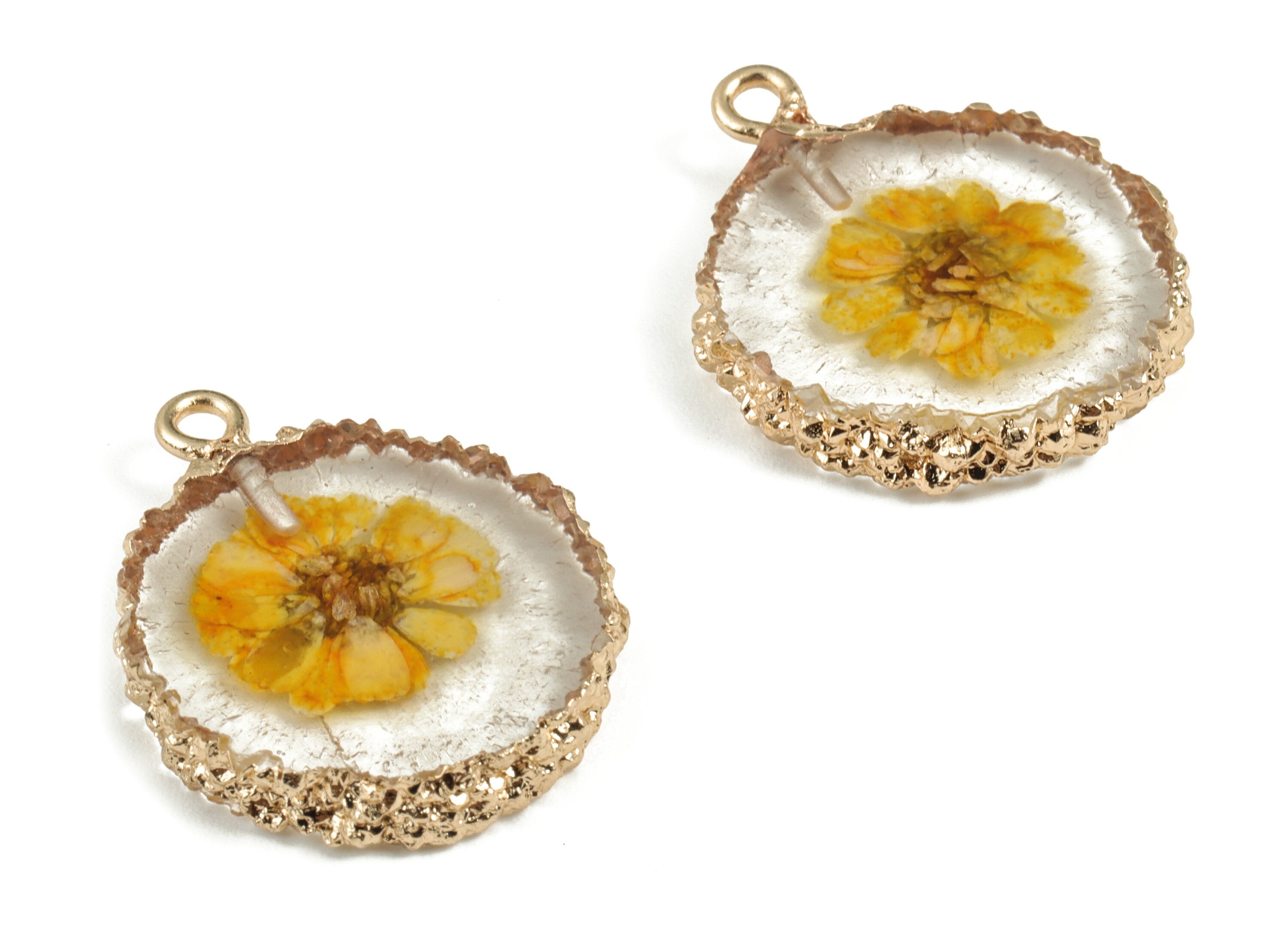 Resin Round Earring Charms - Trendy Resin Real Flower Pendant - Gold Tone Plated Resin - Resin Jewelry Supplies - 25.51x20x4.43mm - RC1138 - DOMEDBAZAAR