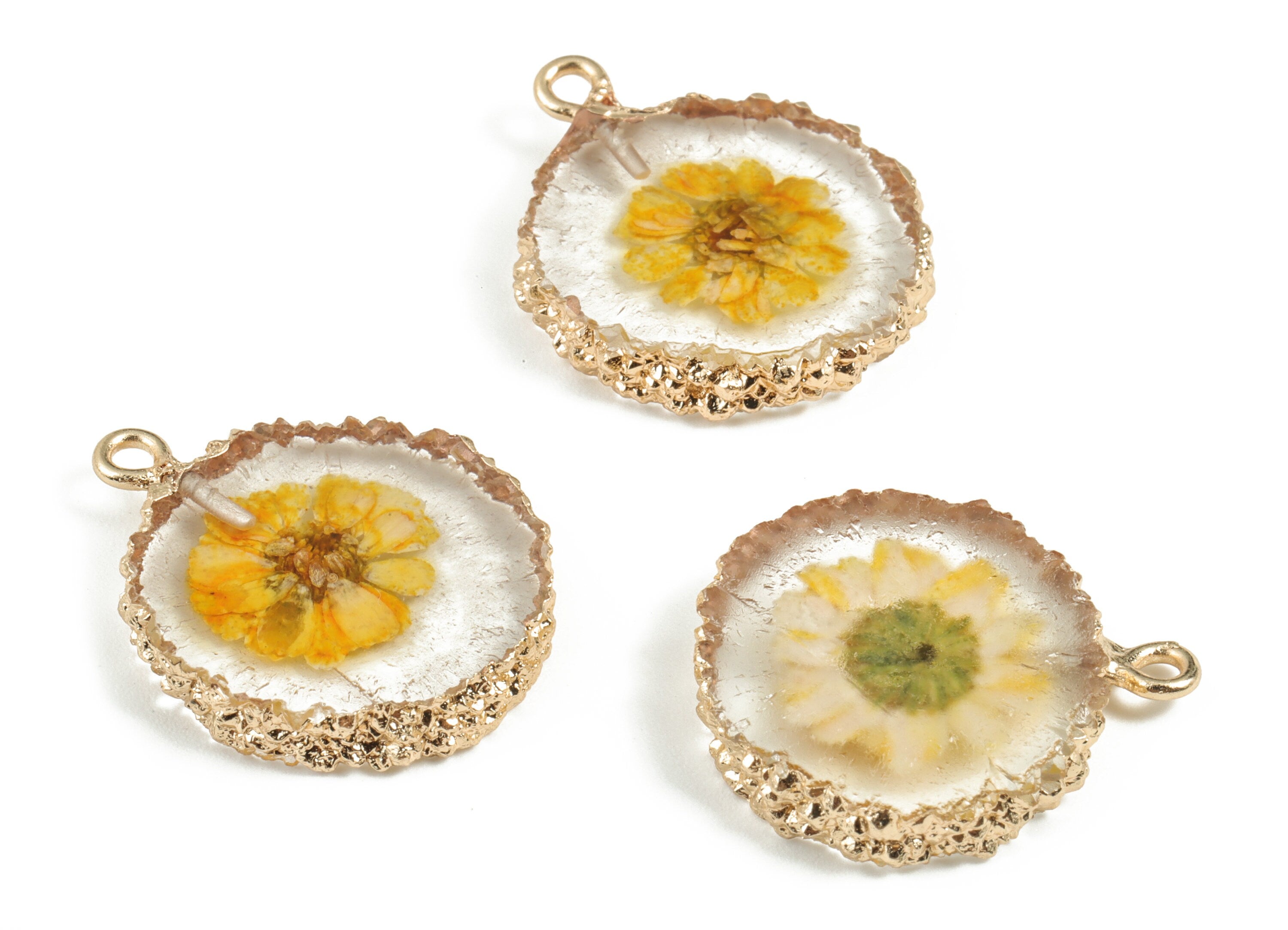 Resin Round Earring Charms - Trendy Resin Real Flower Pendant - Gold Tone Plated Resin - Resin Jewelry Supplies - 25.51x20x4.43mm - RC1138 - DOMEDBAZAAR