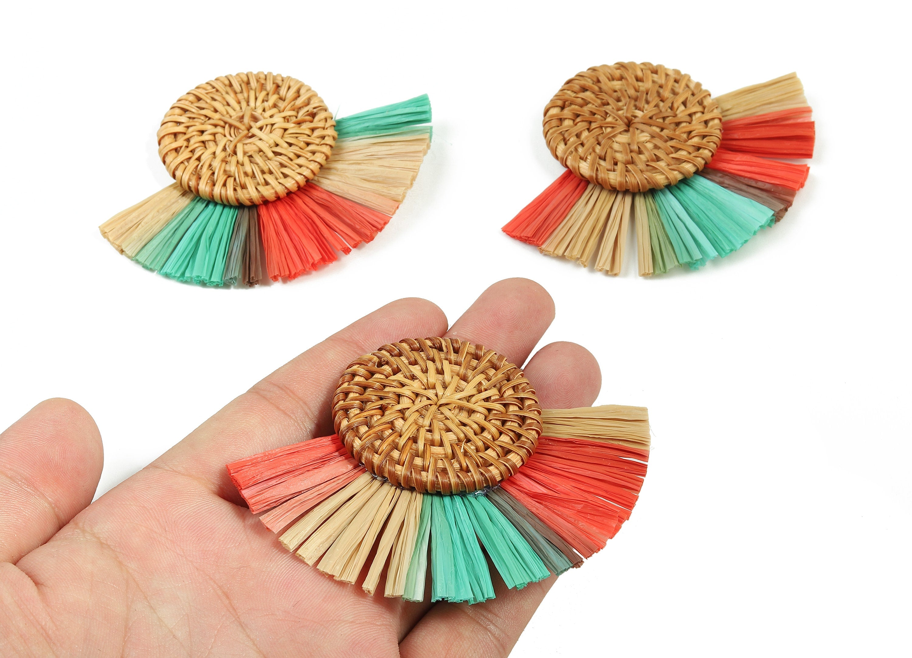 Rattan Raffia Tassel Round Charms - Circle Earrings with Fan Tassels - Handmade Rattan - Woven Earrings - 82.9x60.58x6.72mm - RT1339 - DOMEDBAZAAR