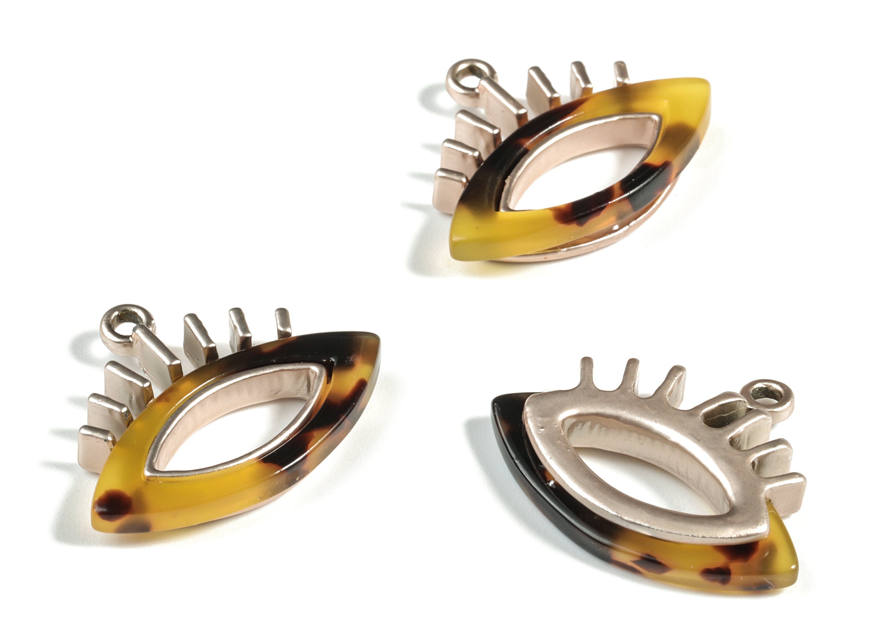 Eyelash Earring Charms - Tortoise Shell Acetate Eye Charms - Matte Rose Tone  Plated Alloy Eye Charms - 28x22x4mm - AC1846-A02MR - DOMEDBAZAAR