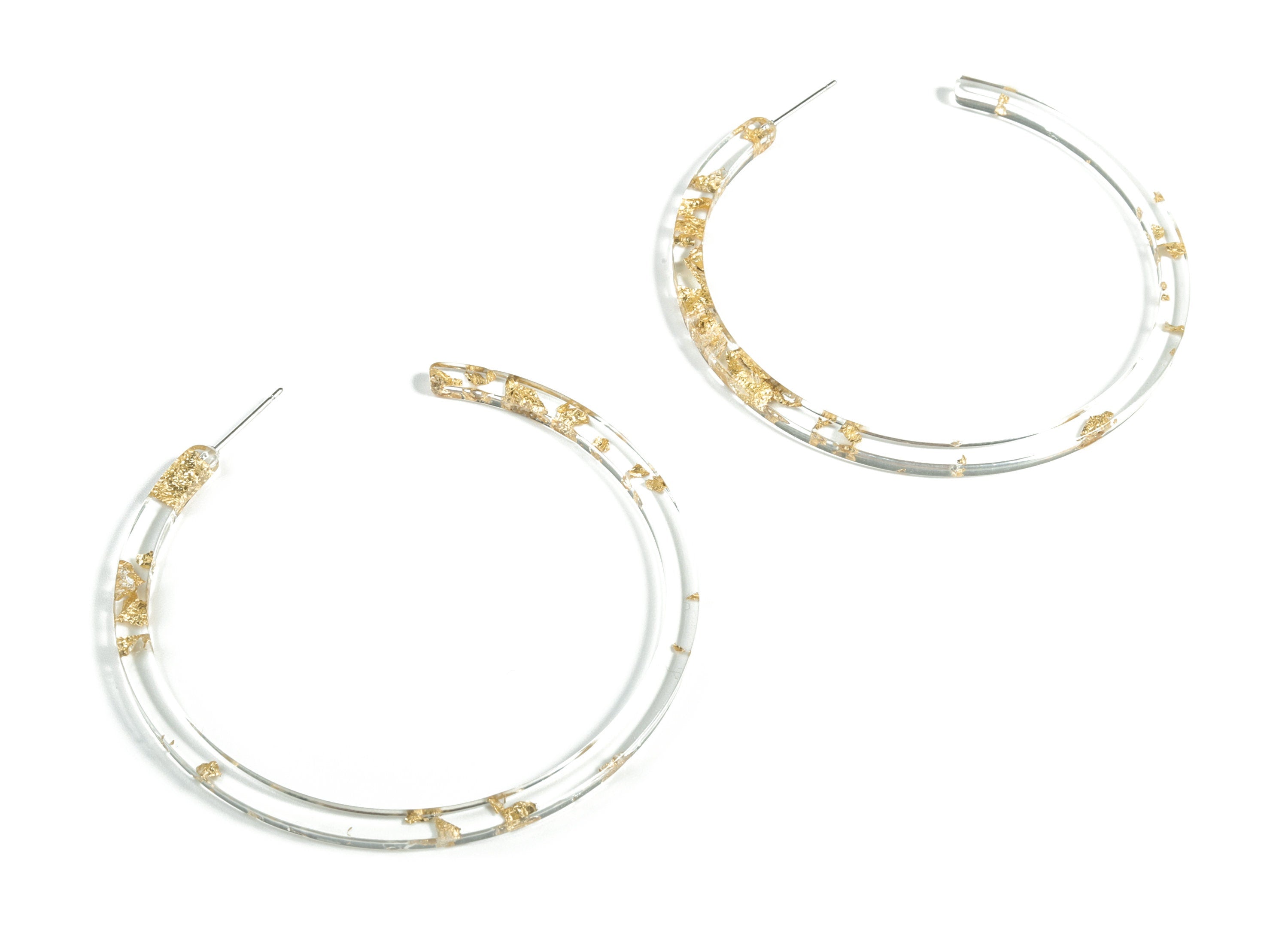 Open Hoop Earrings Stud - 2.5 inch Hoop Earring - Gold Foil Clear Acetate Round Earring Post - Color Code: A255 - 66x4x3mm - AC1307-A255 - DOMEDBAZAAR