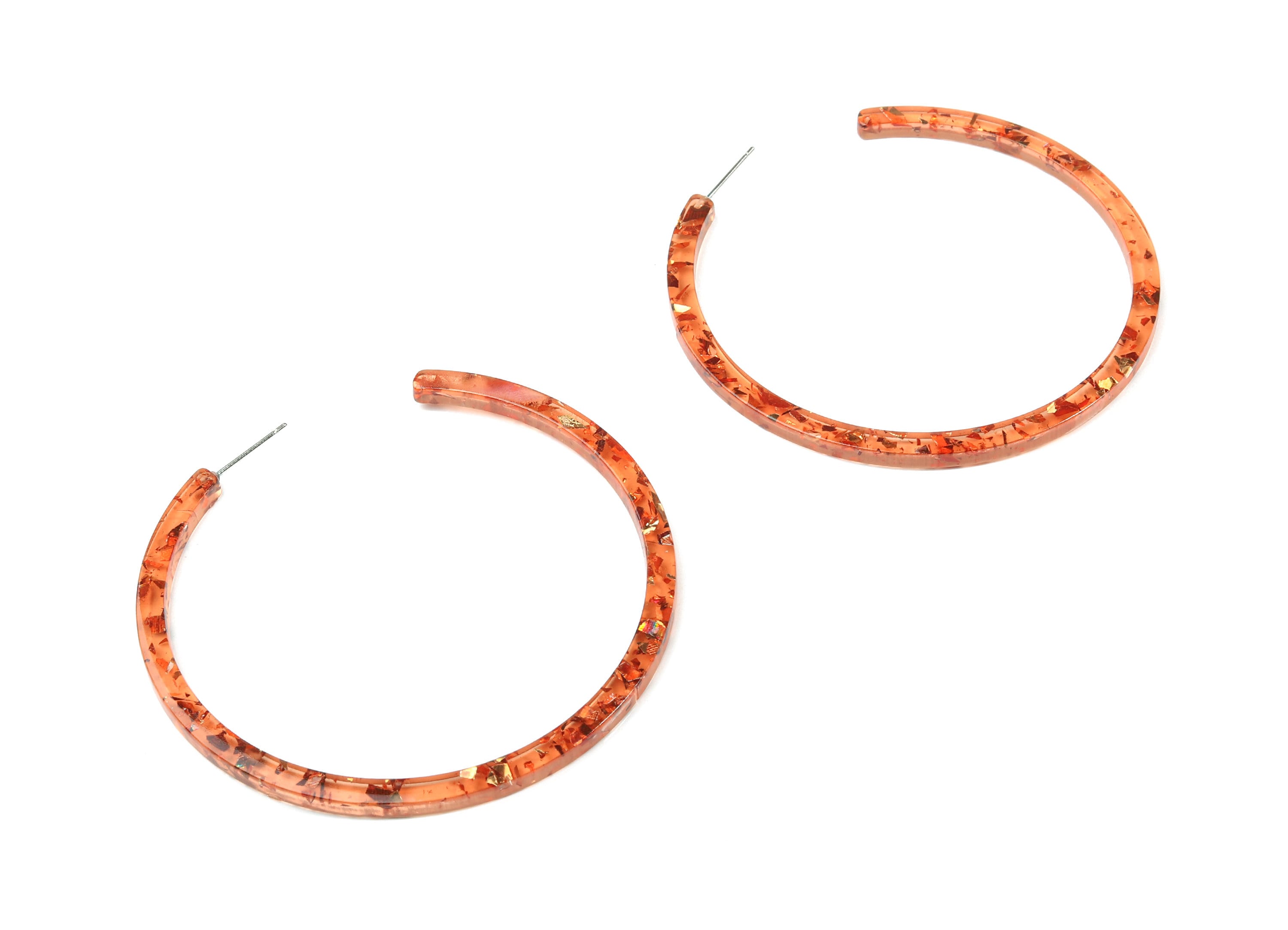 Open Hoop Earrings Stud - 2.5 inch Hoop Earring -  Gold Orange Foil Clear Acetate Round Post - Color Code: A435 - 66x4x3mm - AC1307-A435 - DOMEDBAZAAR