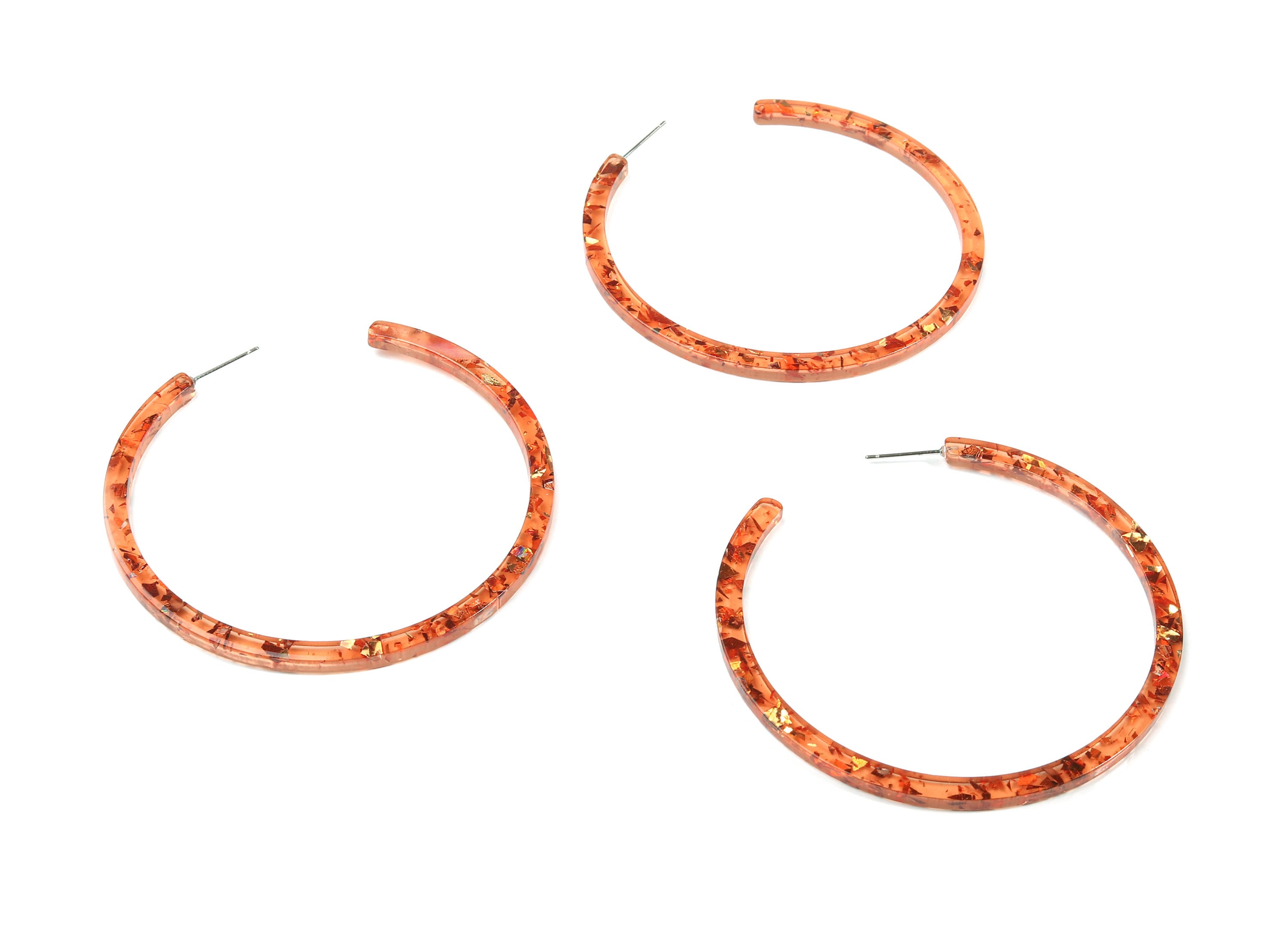 Open Hoop Earrings Stud - 2.5 inch Hoop Earring -  Gold Orange Foil Clear Acetate Round Post - Color Code: A435 - 66x4x3mm - AC1307-A435 - DOMEDBAZAAR