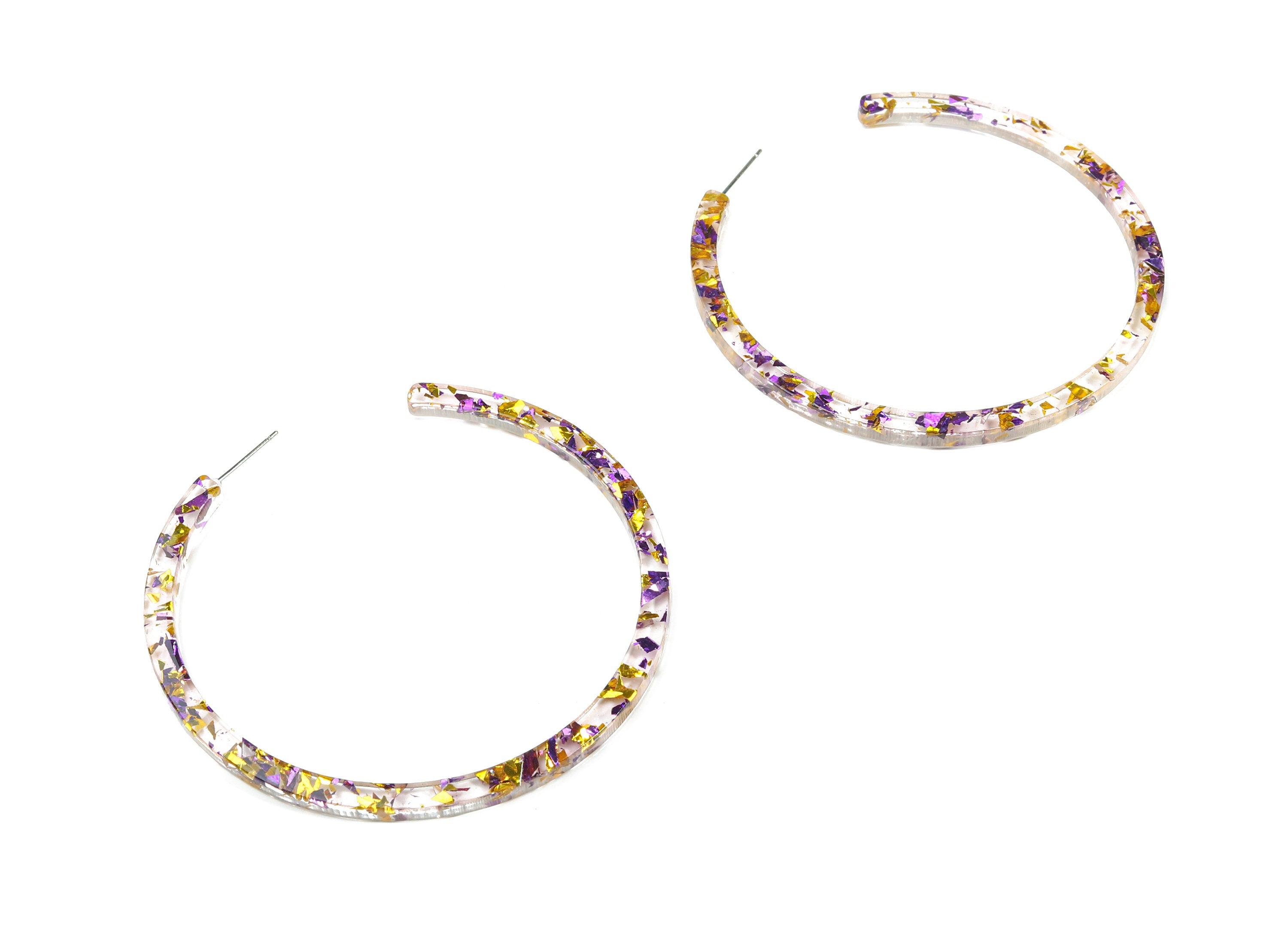 Open Hoop Earrings Stud - 2.5 inch Hoop Earring - Gold Purple Foil Clear Acetate Round Post - Color Code: A388 - 66x4x3mm - AC1307-A388 - DOMEDBAZAAR