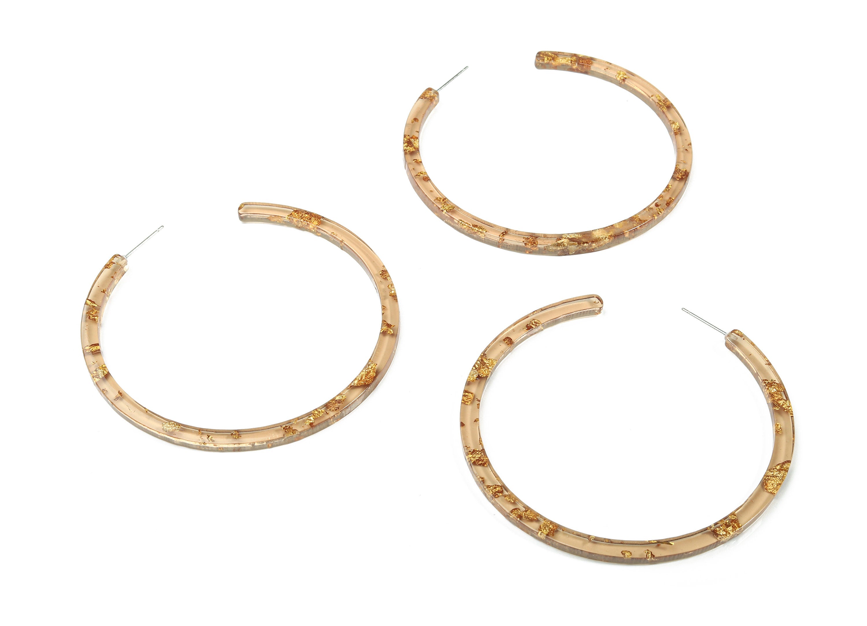 Open Hoop Earrings Stud - 2.5 inch Hoop Earring -  Gold Brown Foil Clear Acetate Round Post - Color Code: A434 - 66x4x3mm - AC1307-A434 - DOMEDBAZAAR