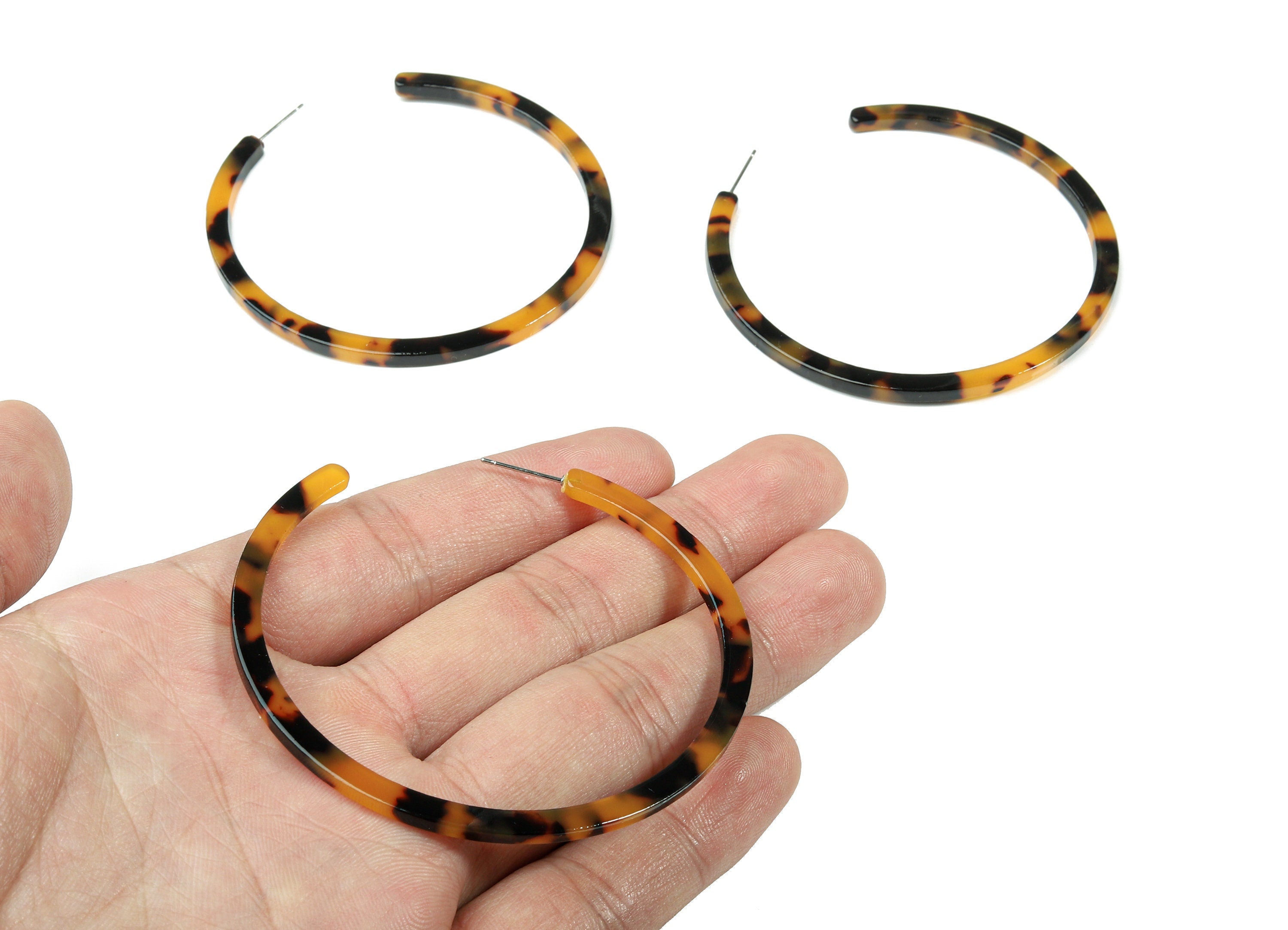 Open Hoop Earring Stud - 2.5 inch Hoop Earring - Tortoise Shell Acetate Round Earring Post - Color Code: A429 - 66x4x3mm - AC1307-A429 - DOMEDBAZAAR
