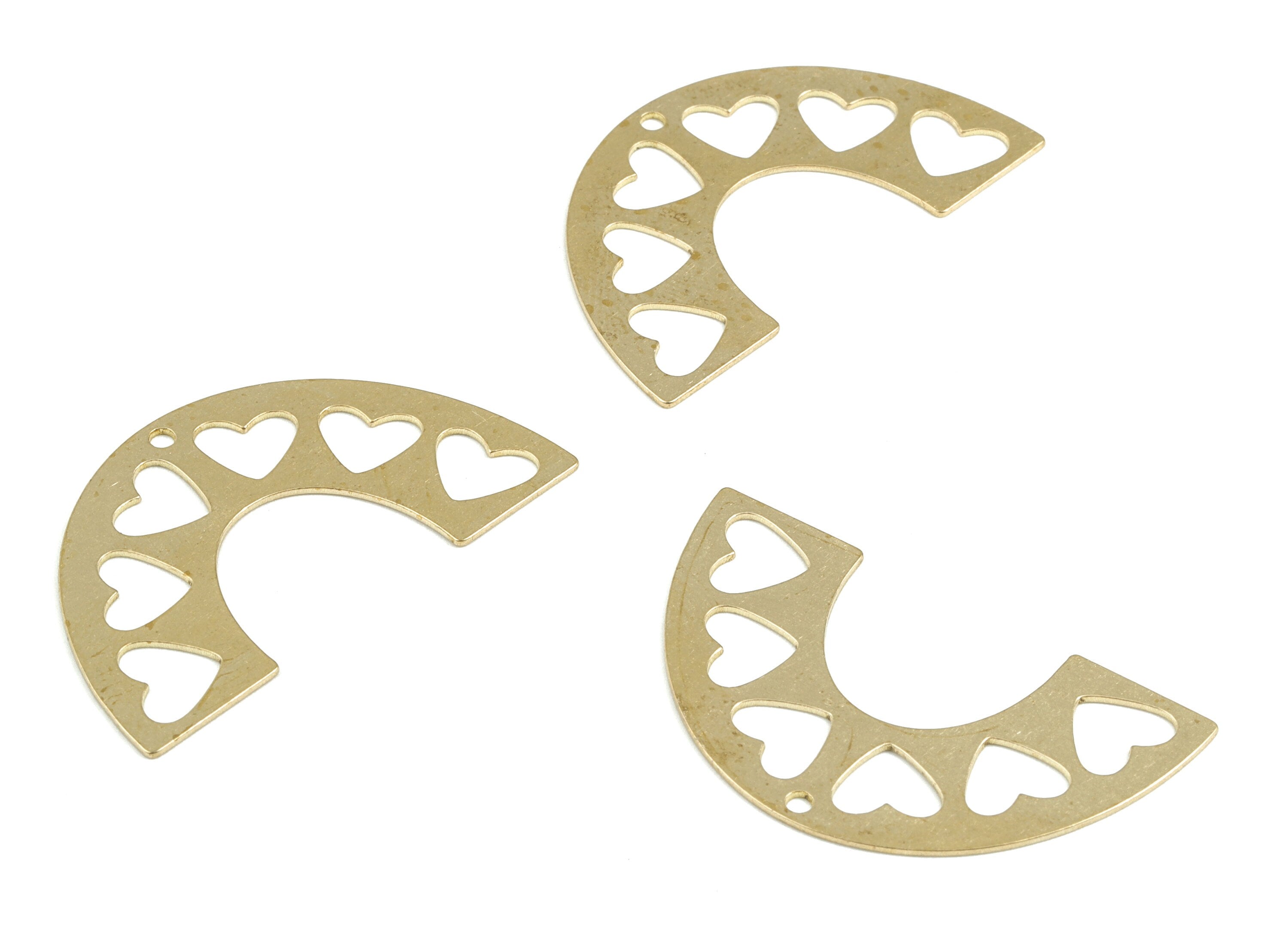 Brass Half Moon Hearts Pendant - Semi Circle Heart Earring Charms - Jewelry Making Supplies - 39.83x23.53x0.56mm - PP3634 - DOMEDBAZAAR
