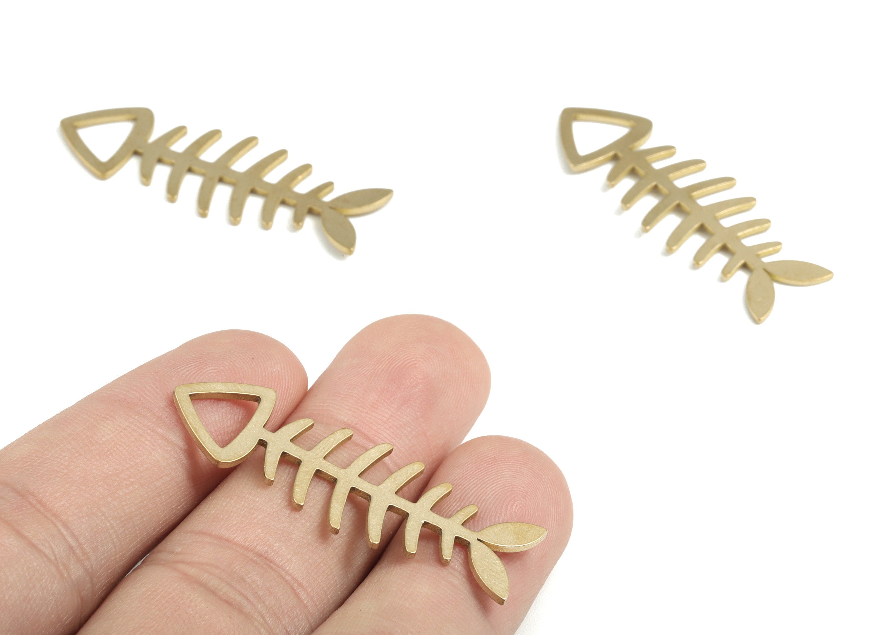 Brass Fish Skeleton Earring Charms - Raw Brass Fish Bone Pendant - Earring Findings - Jewelry Supplies - 41.58x14.74x0.89mm - PP3713 - DOMEDBAZAAR