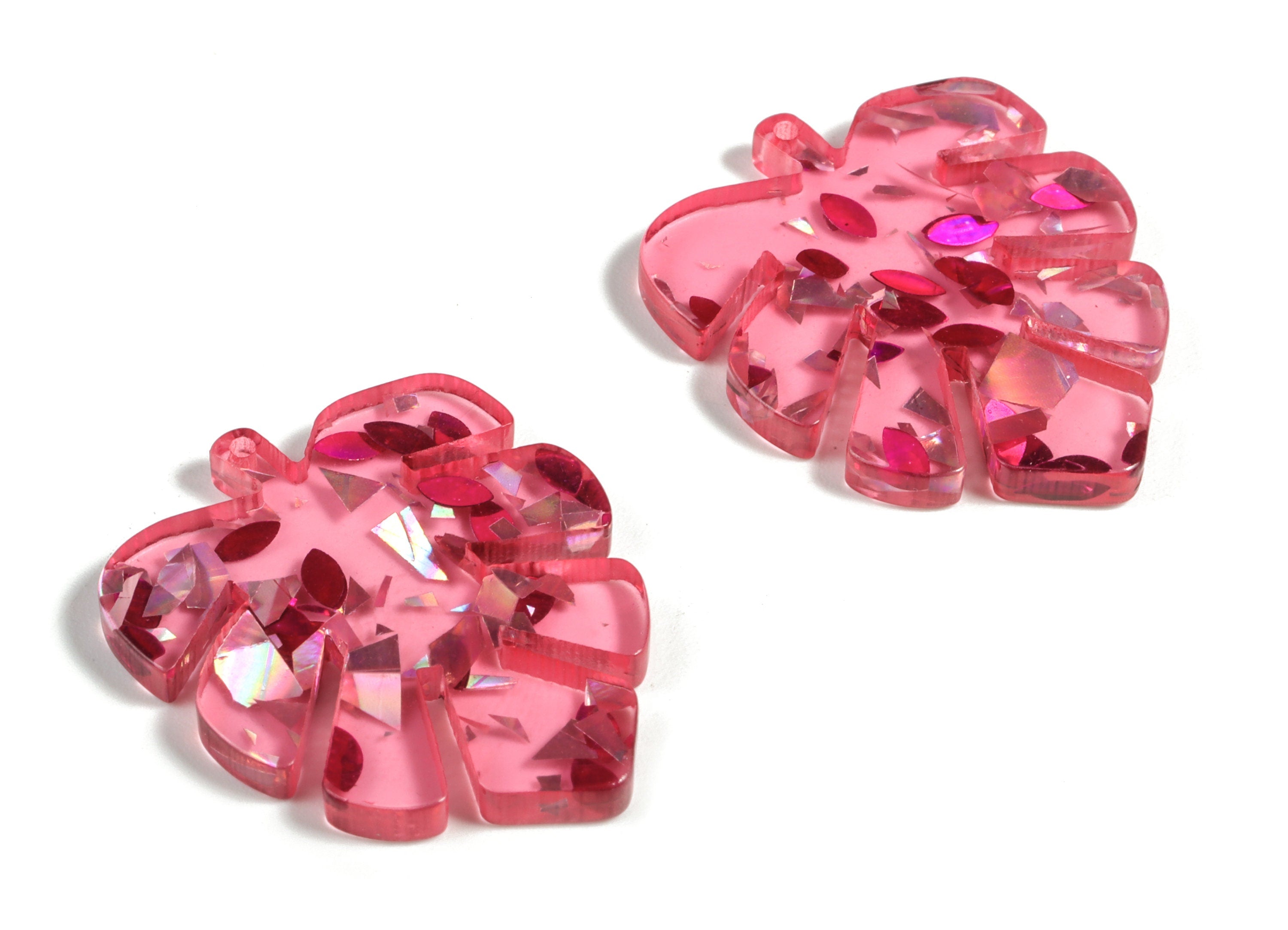 Acrylic Leaf Earring Charms - Acrylic Red Silver Foil & Confetti Monstera Earrings - Color Code:A437 - 28.57x23.15x1.61mm - AC1087-A437 - DOMEDBAZAAR