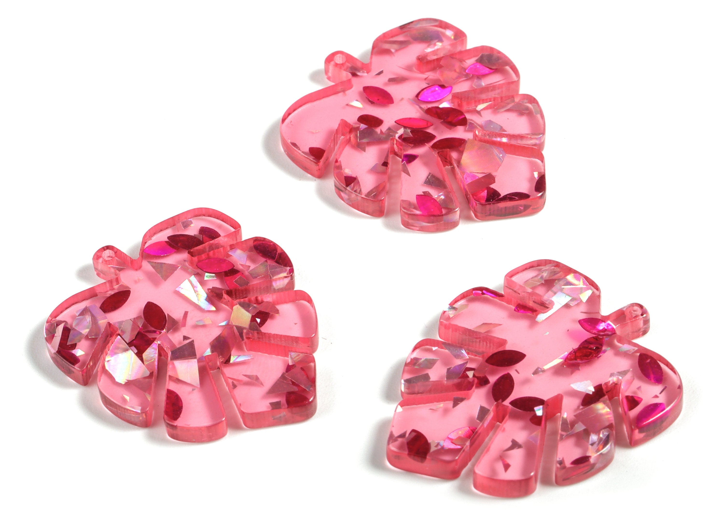 Acrylic Leaf Earring Charms - Acrylic Red Silver Foil & Confetti Monstera Earrings - Color Code:A437 - 28.57x23.15x1.61mm - AC1087-A437 - DOMEDBAZAAR