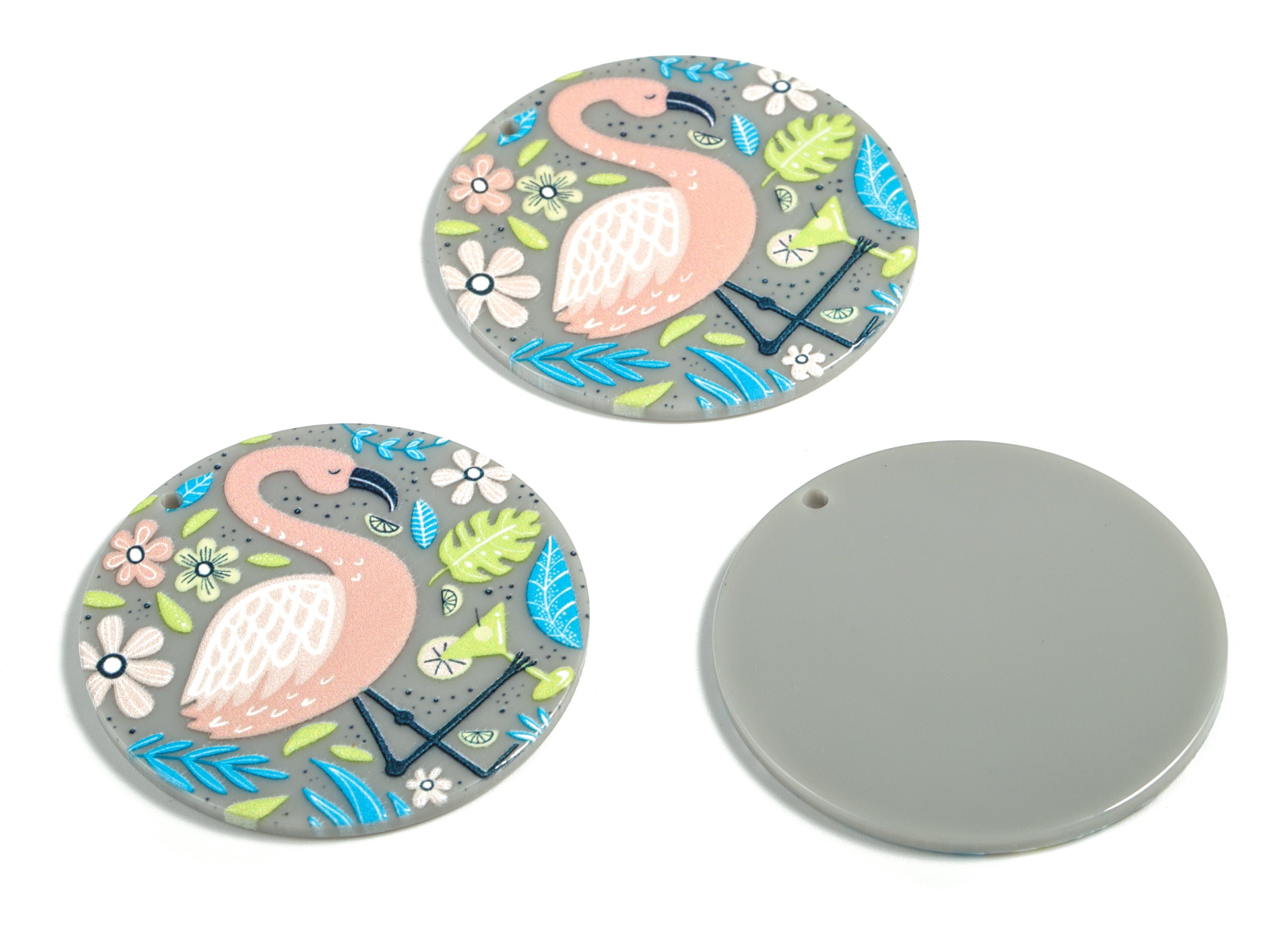 Acrylic Round Flamingo Earring Charms - Acrylic Round Flower Leaf Earrings - Earring Findings - Jewelry Supplies - 39.88x39.7x2.5mm - AC2219 - DOMEDBAZAAR