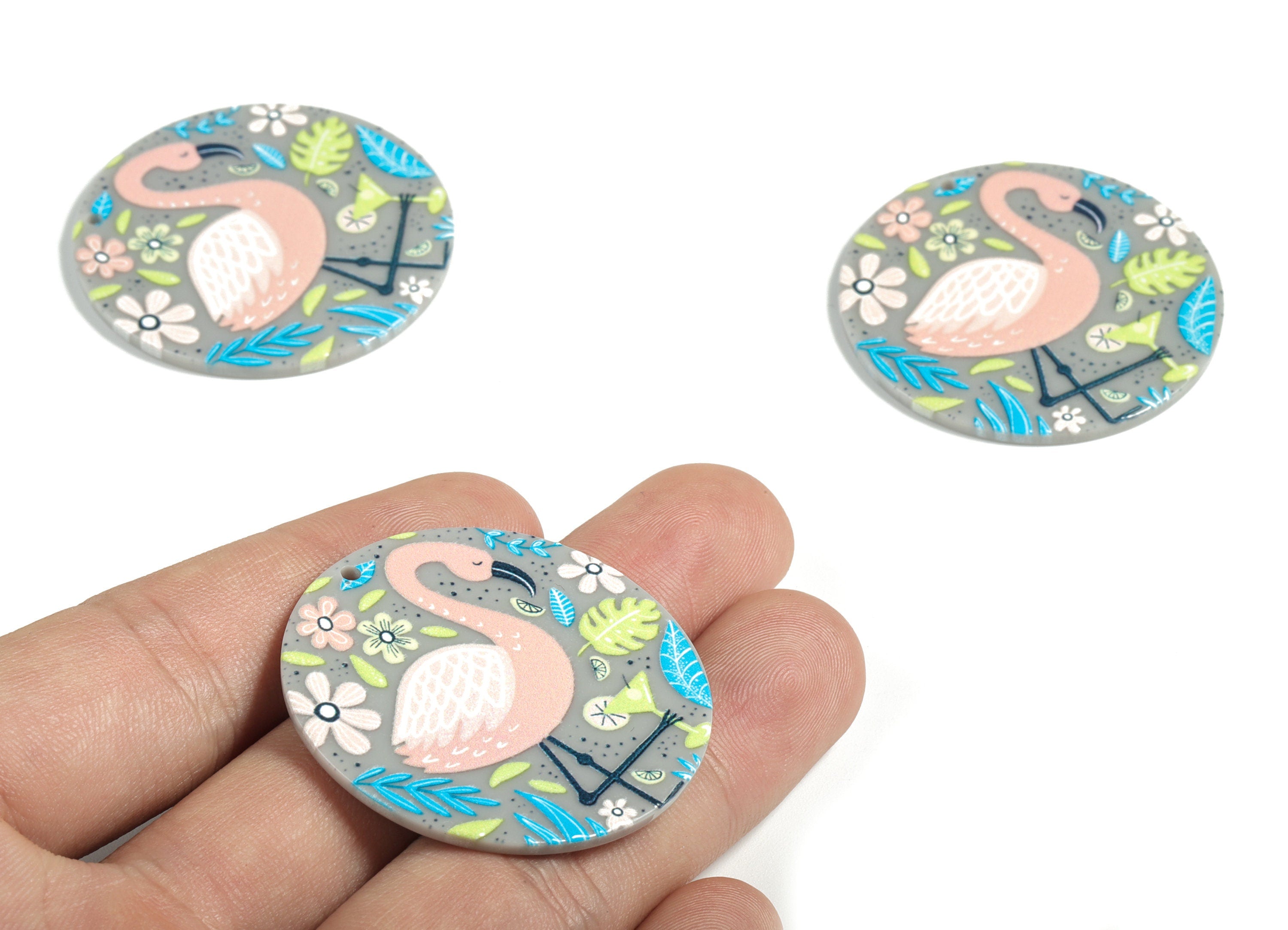 Acrylic Round Flamingo Earring Charms - Acrylic Round Flower Leaf Earrings - Earring Findings - Jewelry Supplies - 39.88x39.7x2.5mm - AC2219 - DOMEDBAZAAR