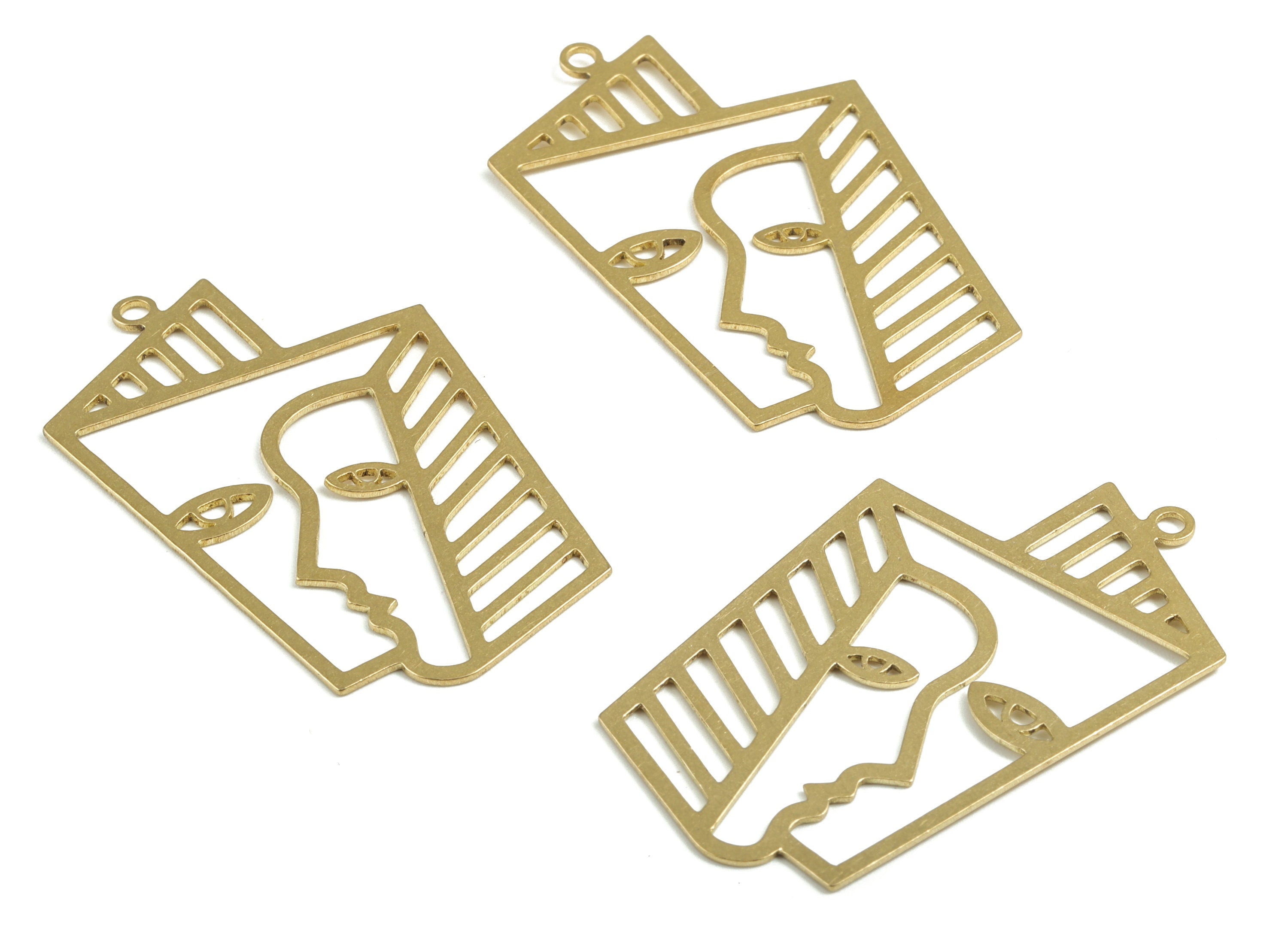 Geometric Faces Pendant - Raw Brass Faces Dangle Earring Charms - Woman Face Charms - Jewelry Supplies - 49.12x30.77x0.74mm - PP3666 - DOMEDBAZAAR