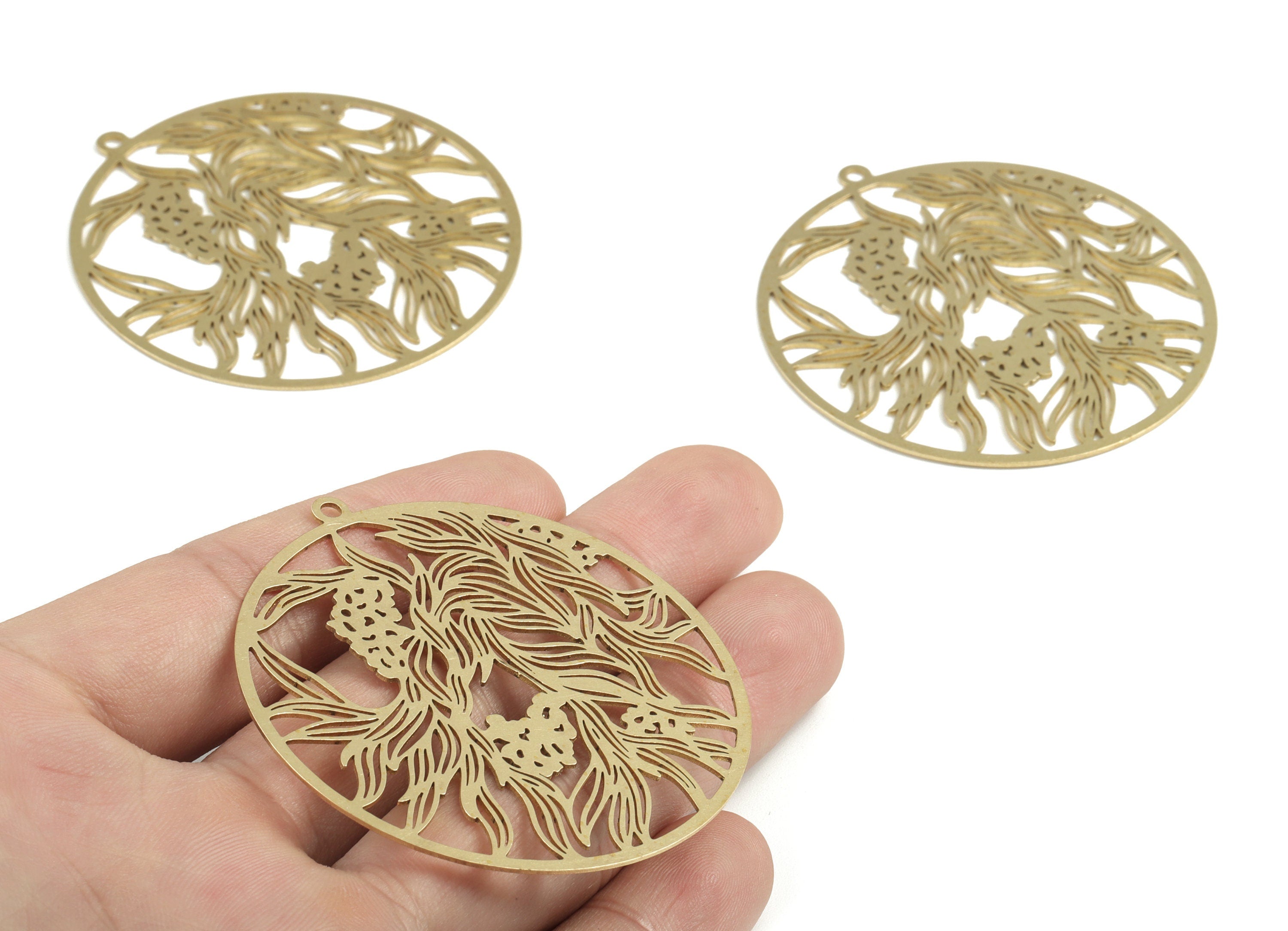 Brass Round Flower Earring Charms - Raw Brass Circle Flower Pendant - Earring Findings - Jewelry Supplies - 57.62x54.4x0.76mm - PP3688 - DOMEDBAZAAR