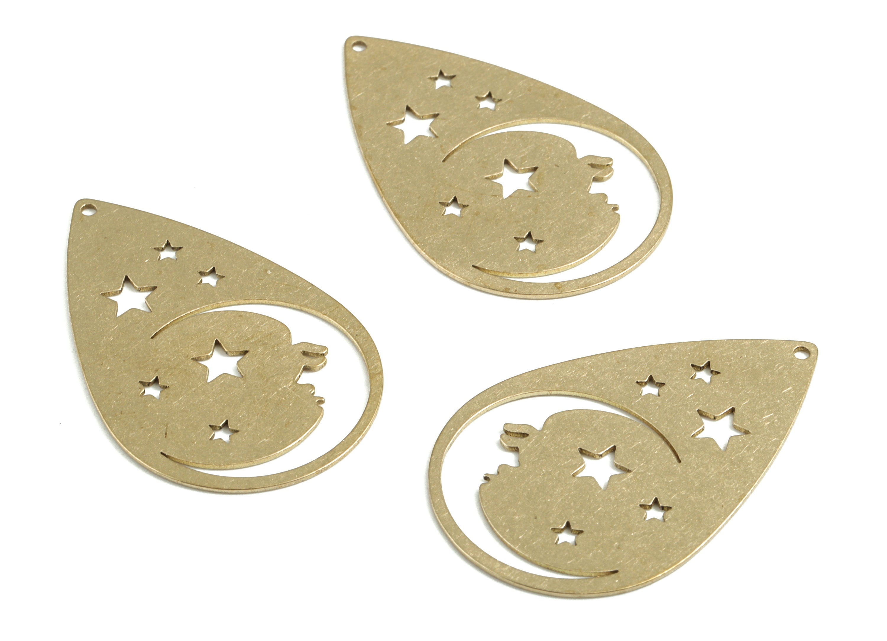Brass Crescent Face Stars Earring Charms - Raw Brass Drop Stars Moon Pendant - Jewelry Supplies - 37.85x24.42x0.6mm - PPM4046 - DOMEDBAZAAR