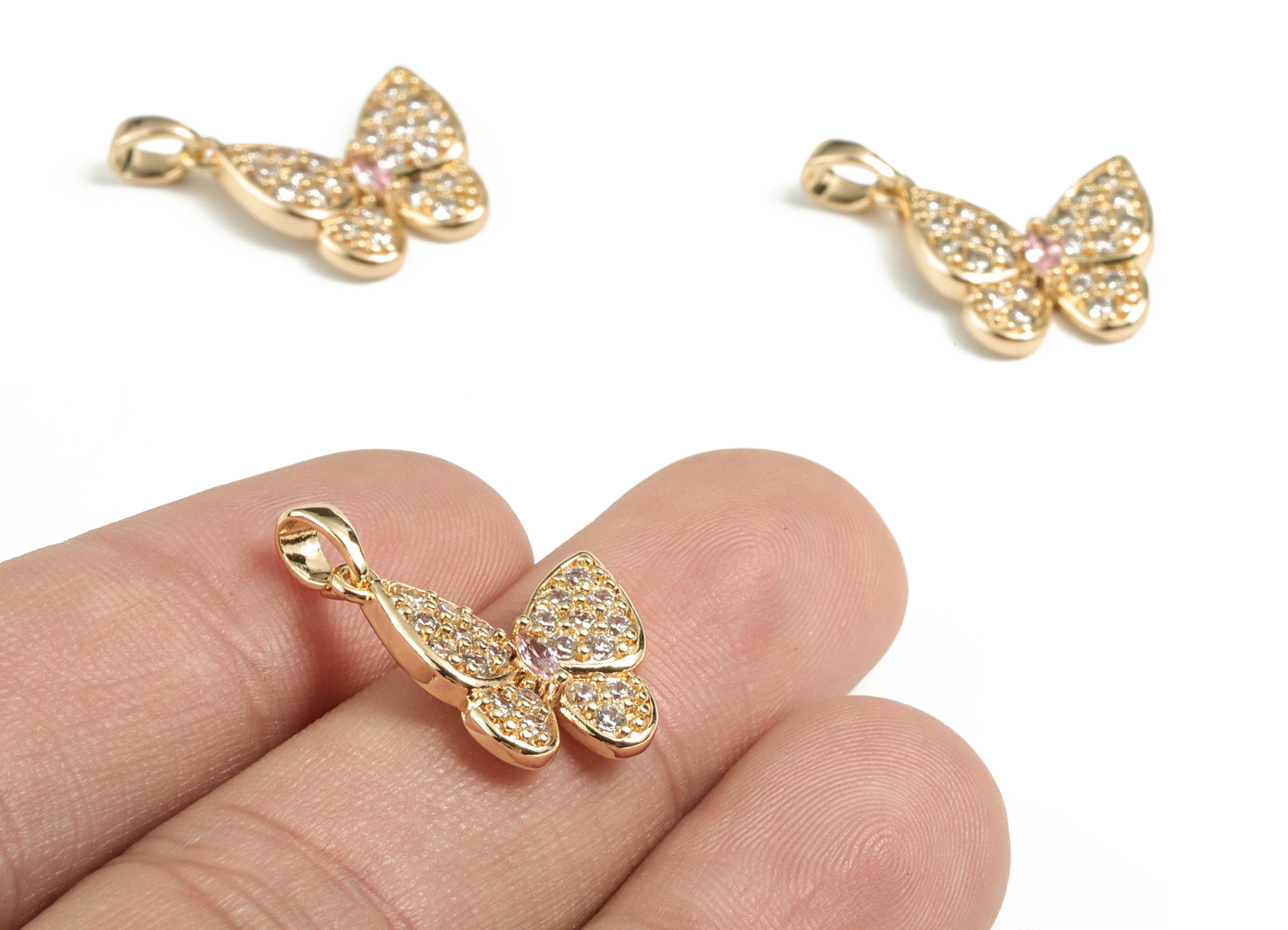 Brass Butterfly Earring Charms With Zircons - Gold Butterfly Pendant - 18K Real Gold Plated Brass - 15.35x14.53x3.32mm - RGP2756 - DOMEDBAZAAR