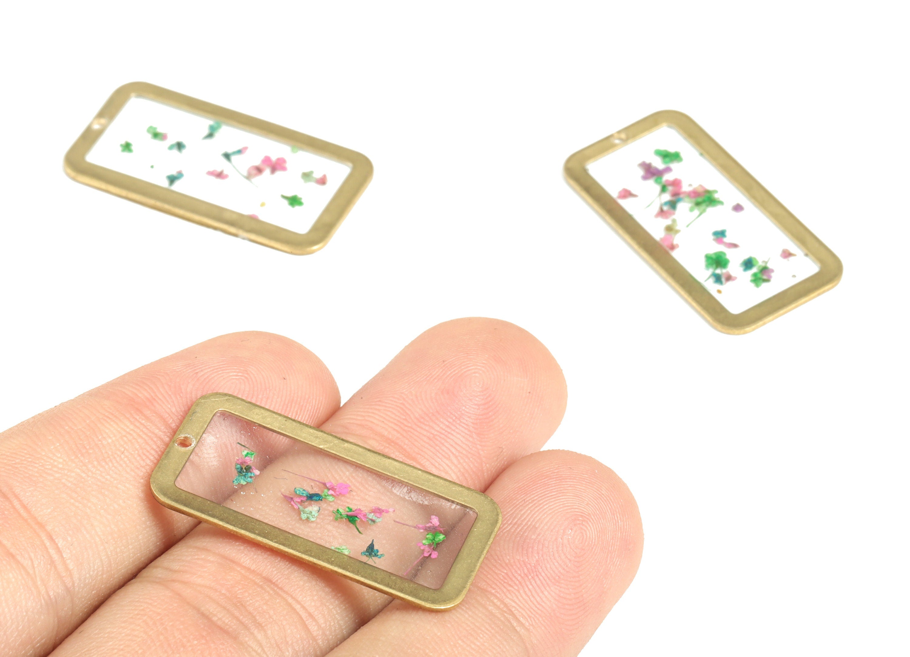 Resin Rectangle Earring Charms - Resin Real Flower Pendant - Raw Brass - Jewelry Making Supplies - 31.05x16.23x0.93mm - RC1164 - DOMEDBAZAAR