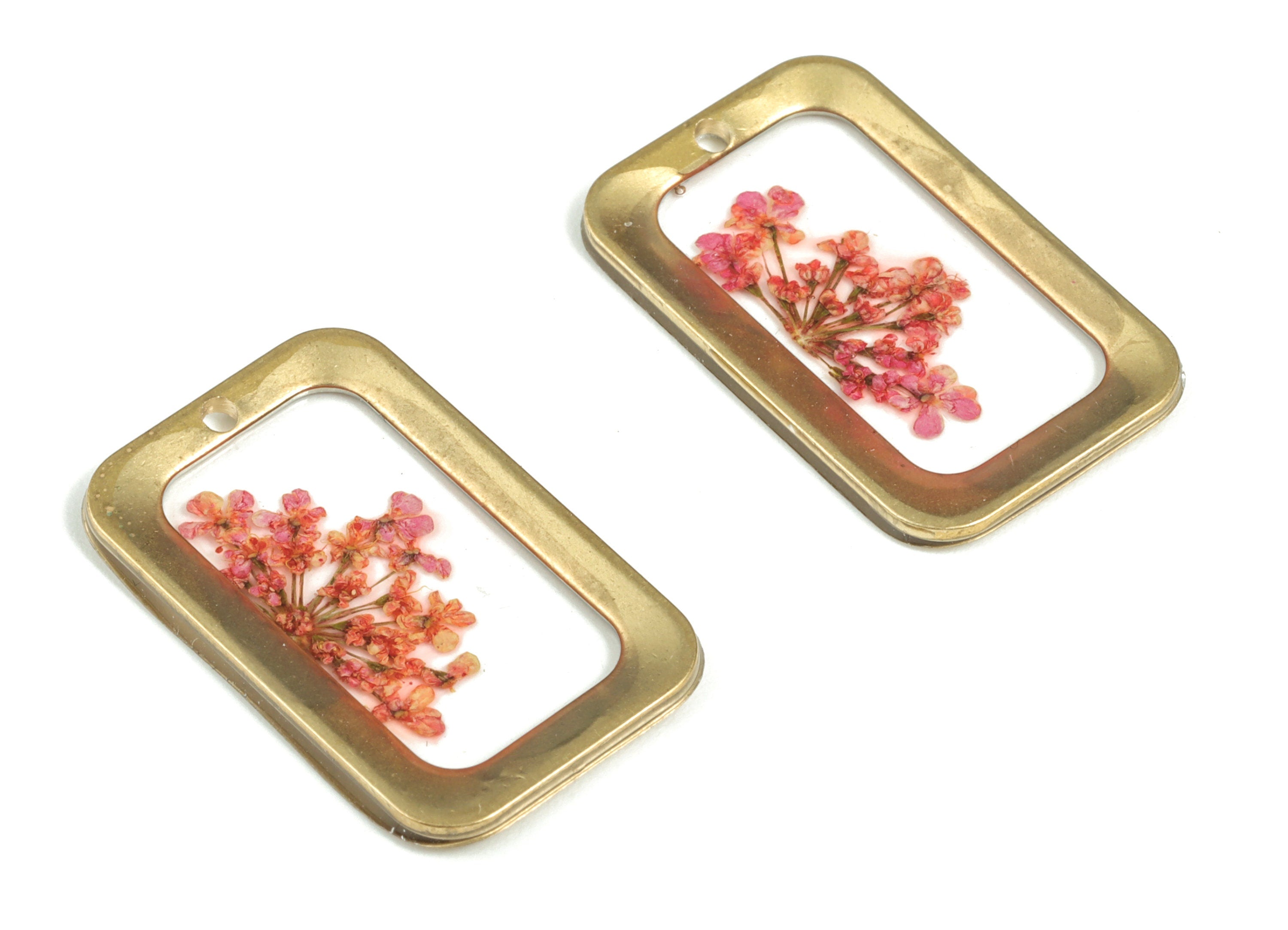 Resin Rectangle Earring Charms - Resin Real Flower Pendant - Raw Brass Charms – Resin Jewelry Charms - 24.75x15.4x1.44mm - RC1169 - DOMEDBAZAAR