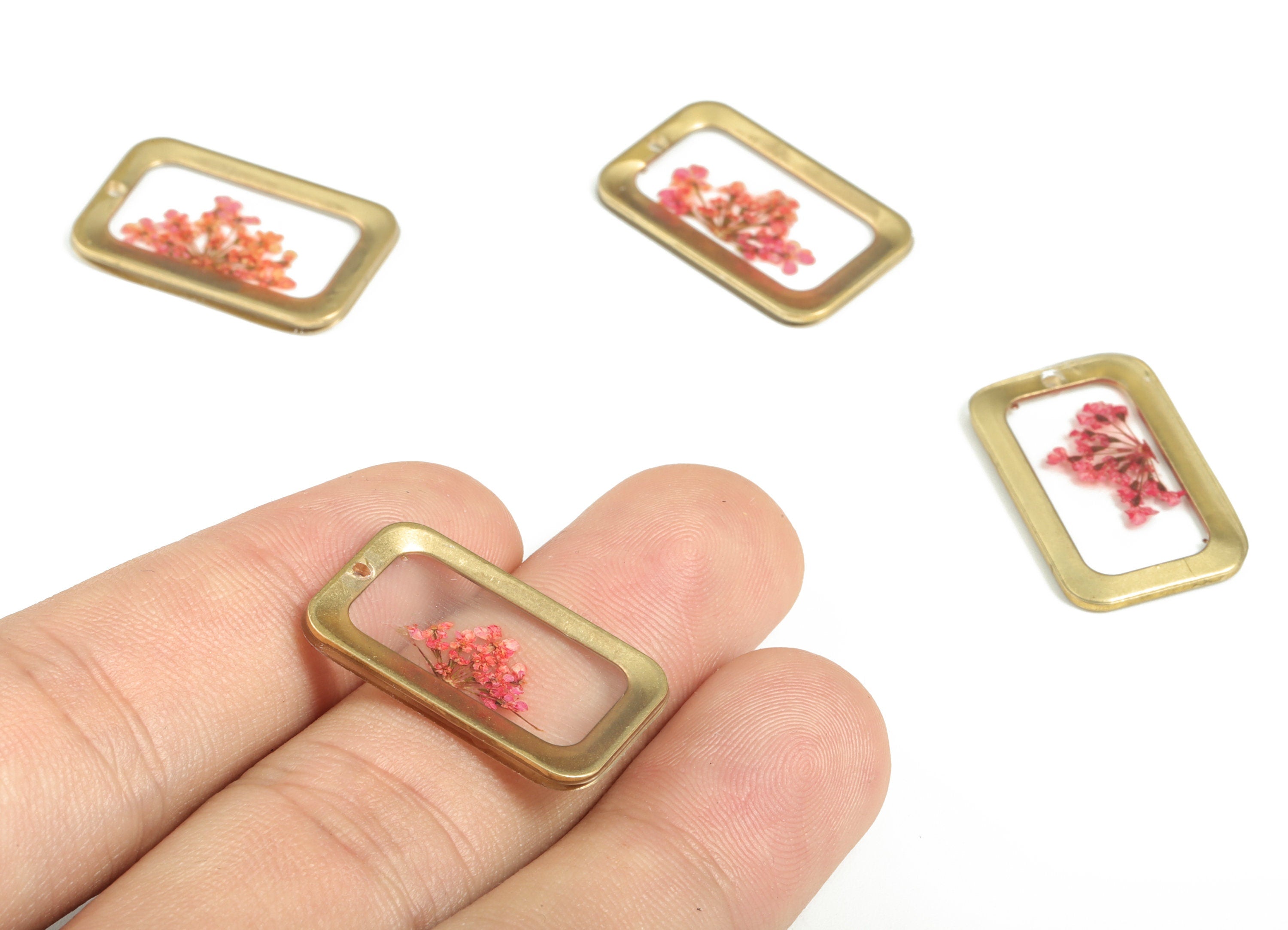Resin Rectangle Earring Charms - Resin Real Flower Pendant - Raw Brass Charms – Resin Jewelry Charms - 24.75x15.4x1.44mm - RC1169 - DOMEDBAZAAR