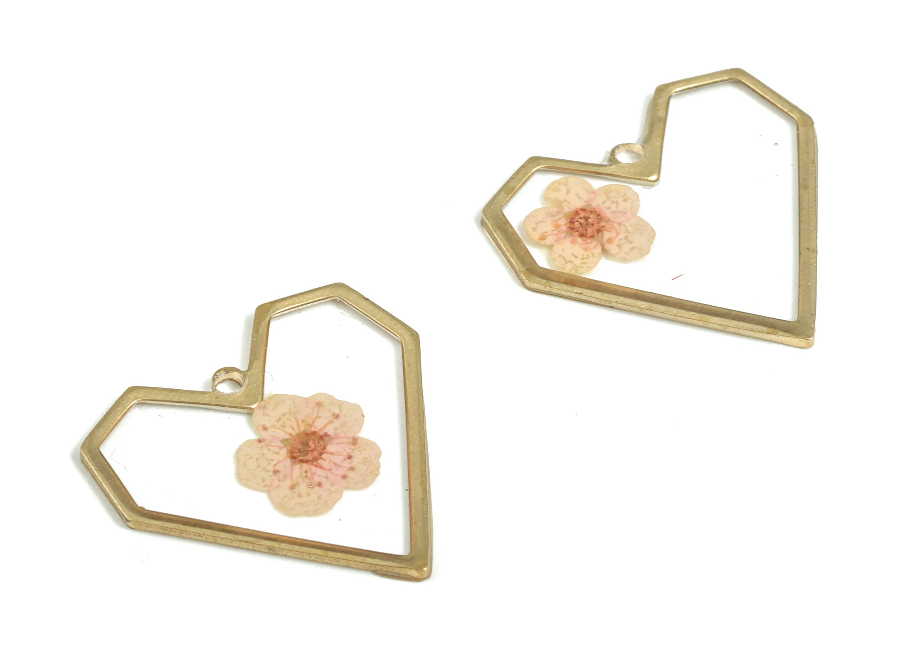 Resin Love Heart Earring Charms - Resin Real Flower Pendant - Raw Brass Charms – DIY Jewelry Making Supplies - 19.81x19.66x1.15mm - RC1167 - DOMEDBAZAAR