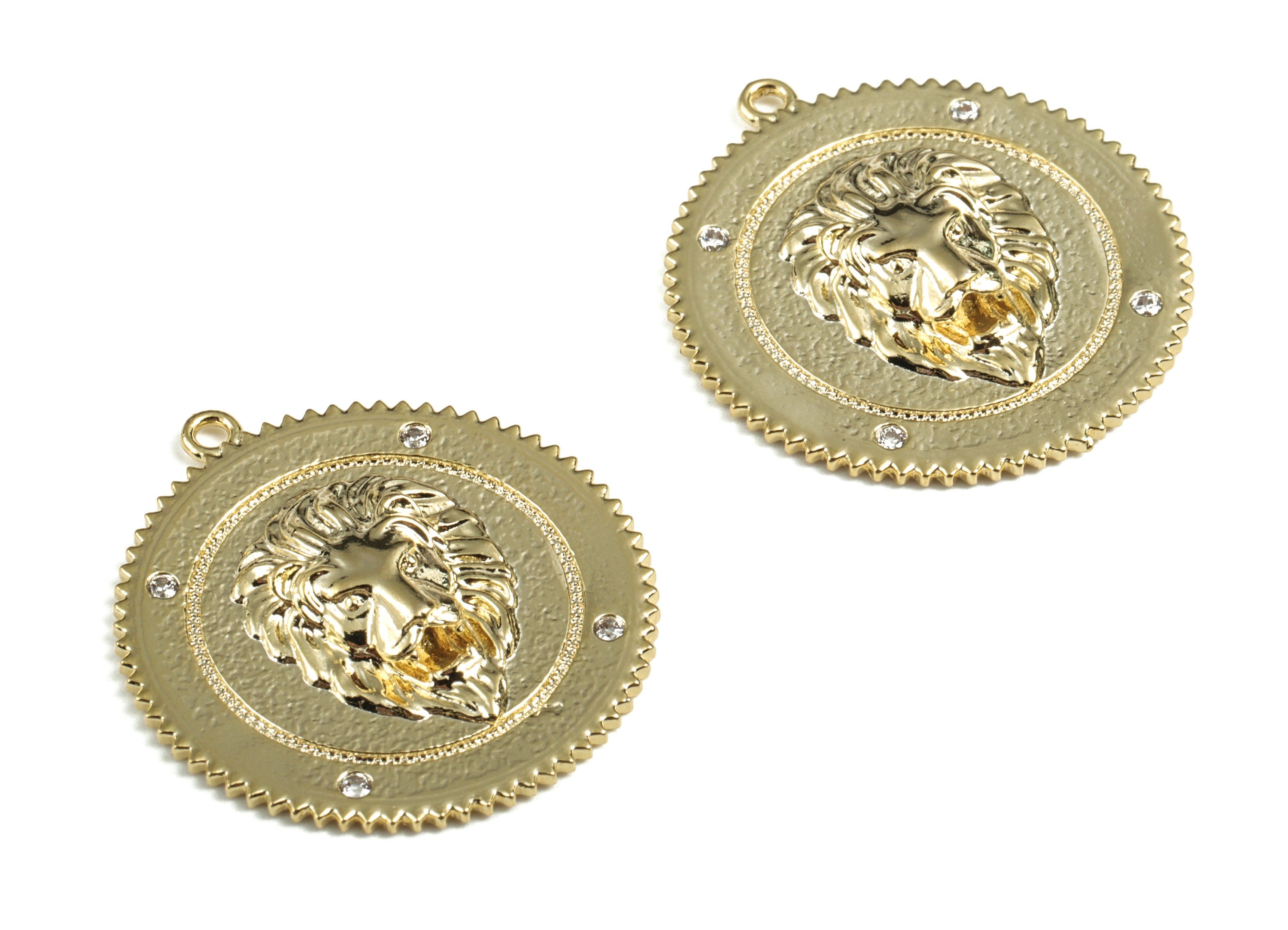 Brass Round Lion Earring Charms With Zircon - Gold Round Lion Pendant - 18K Real Gold Plated Brass - 25.18x23.31x3.55mm - RGP2763 - DOMEDBAZAAR