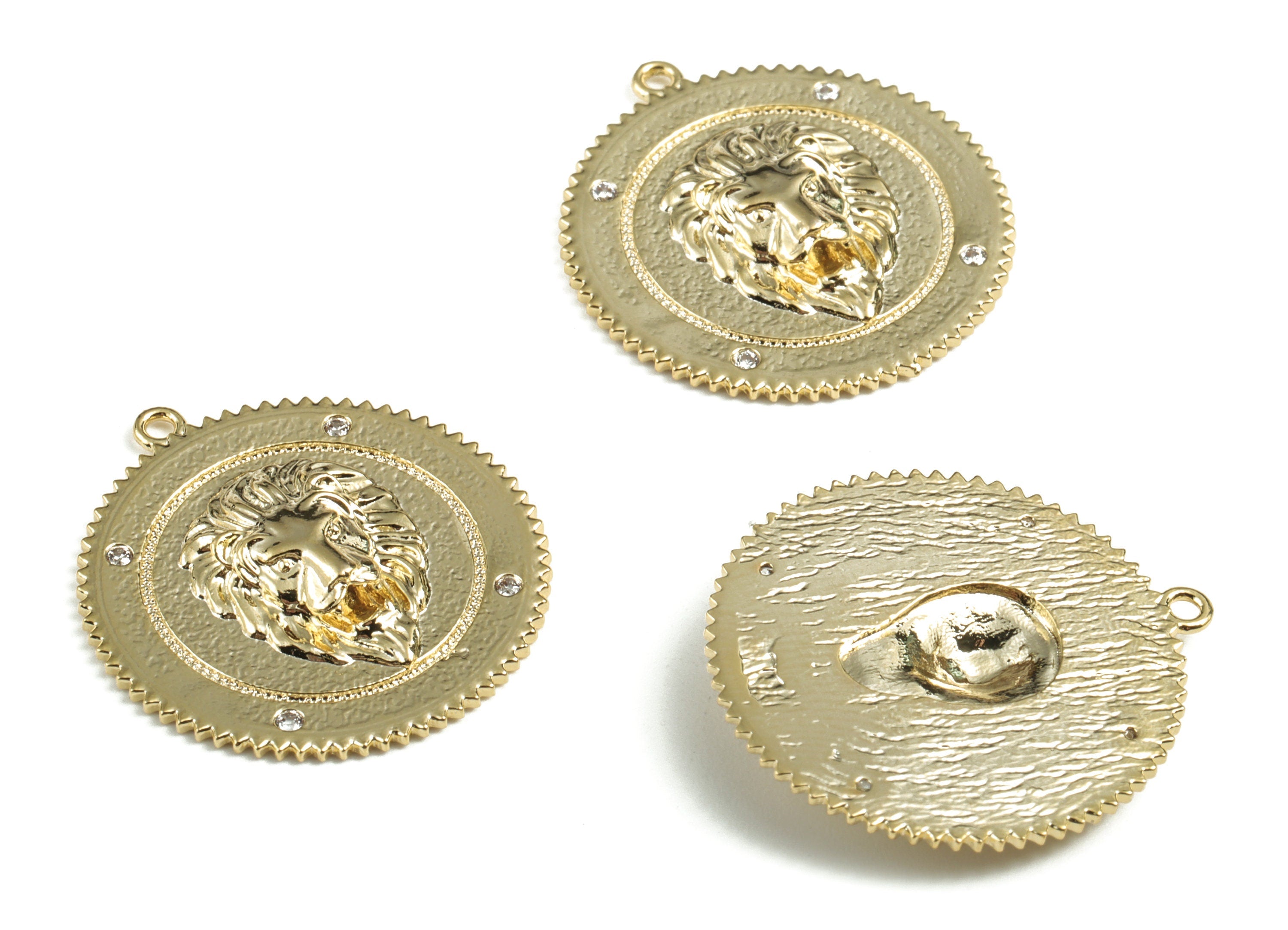 Brass Round Lion Earring Charms With Zircon - Gold Round Lion Pendant - 18K Real Gold Plated Brass - 25.18x23.31x3.55mm - RGP2763 - DOMEDBAZAAR