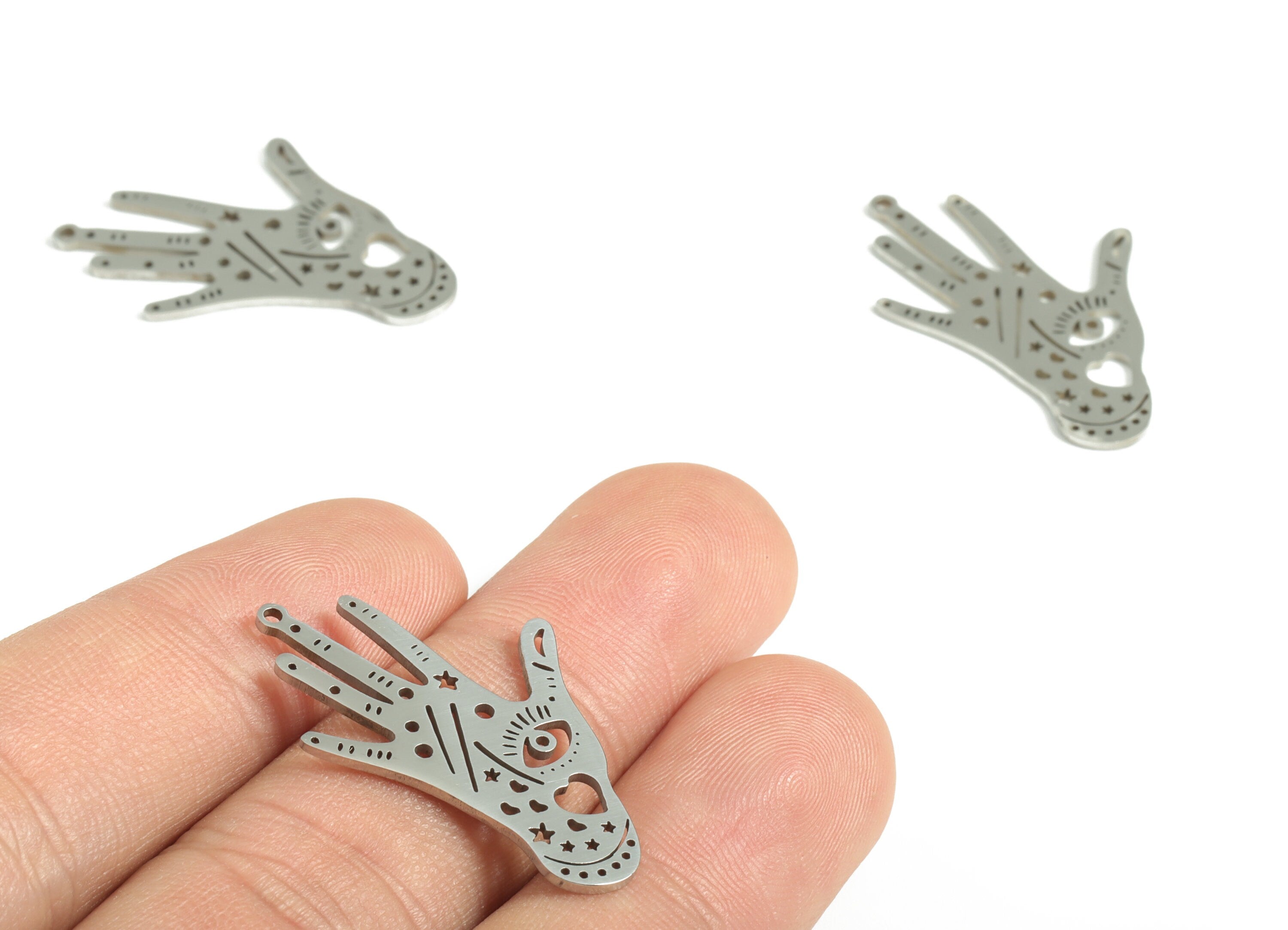 Stainless Steel Hand Eye Earring Charms - Stainless Steel Hand Pendant - Jewelry Making Supplies - 31.22x20.79x0.99mm - SS1191 - DOMEDBAZAAR