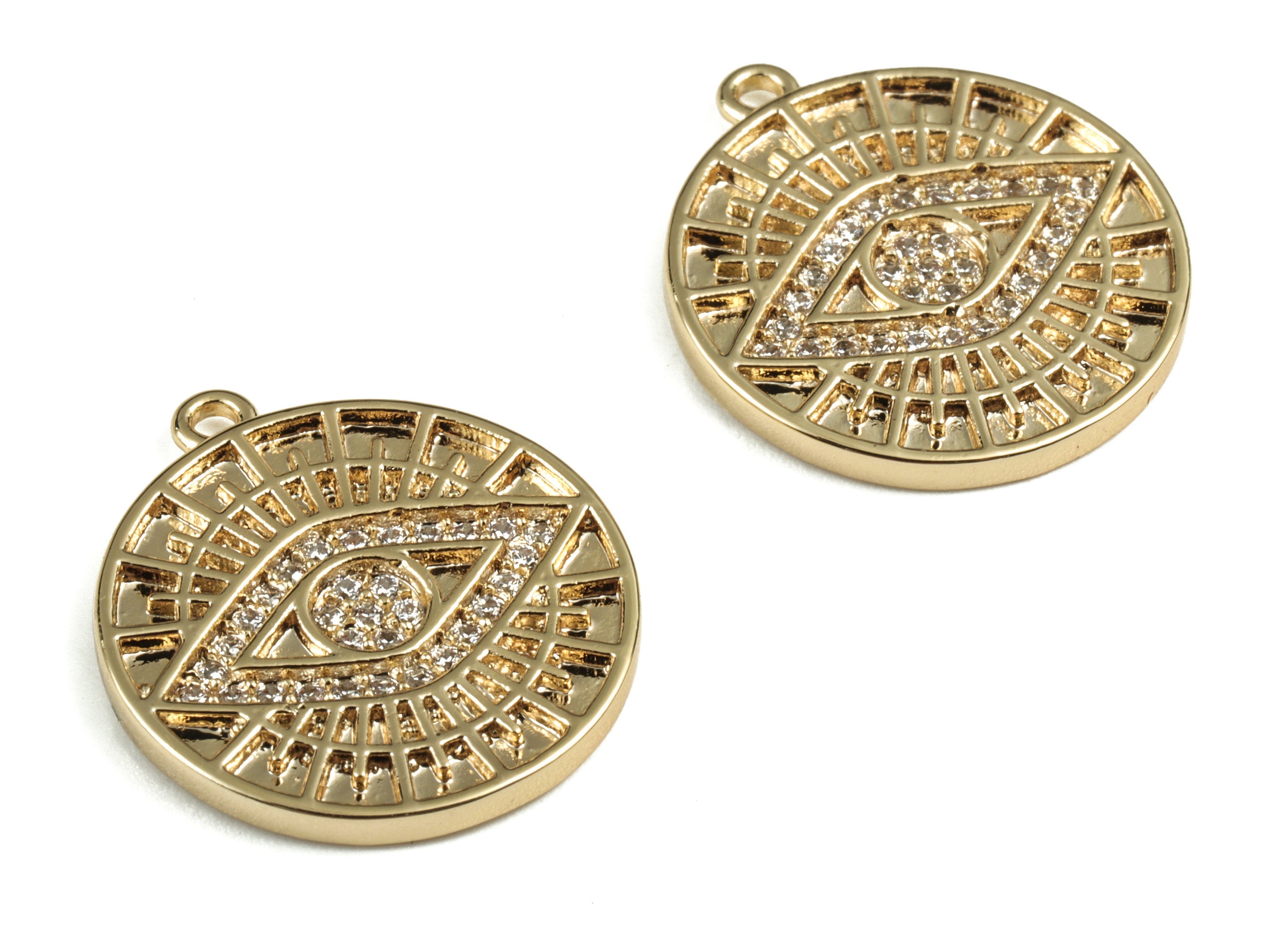 Brass Round Eye Earring Charms With Zircon - Gold Circle Eye Pendant - 18K Real Gold Plated Brass - 20.04x17.76x1.74mm - RGP2770 - DOMEDBAZAAR