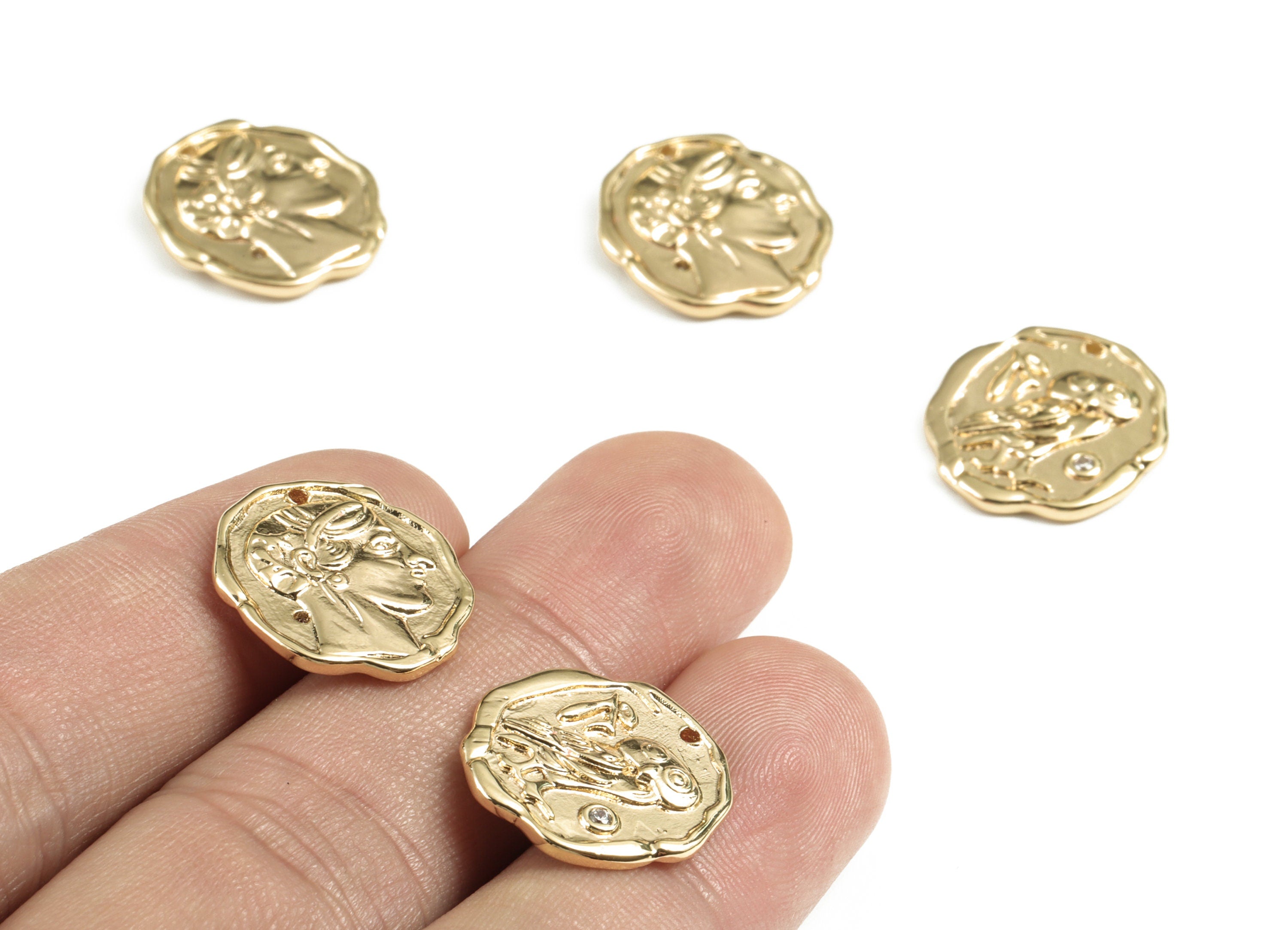 Brass Caesar Earring Charms With Zircon - Gold Circle  look Old Age Coin Pendant - 18K Real Gold Plated Brass - 17.43x16.66x2.58mm - RGP2764 - DOMEDBAZAAR