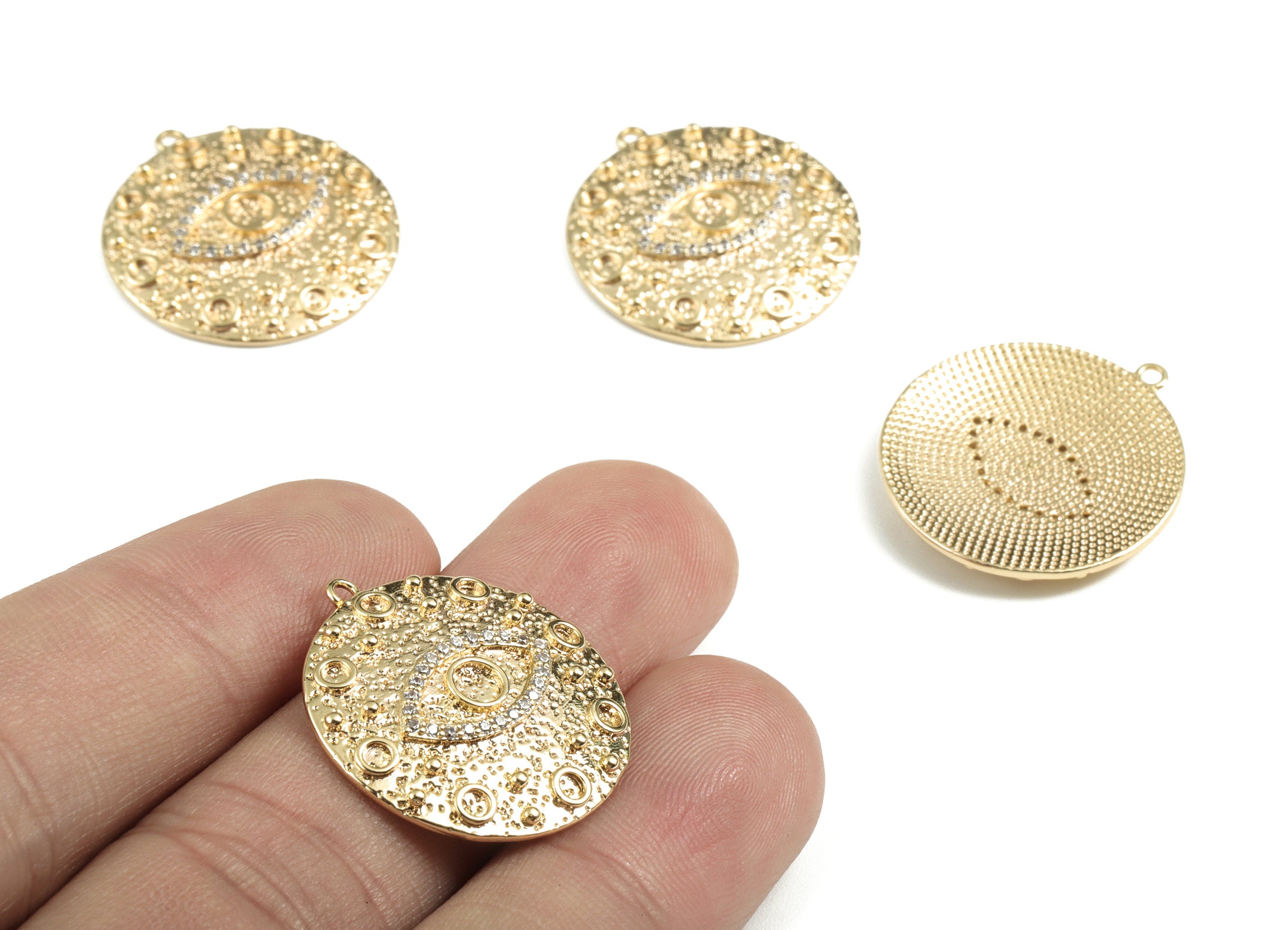 Brass Round Eye Earring Charms With Zircons - Gold Circle Eye Pendant - 18K Real Gold Plated Brass - 24.28x22.37x2.99mm - RGP2773 - DOMEDBAZAAR