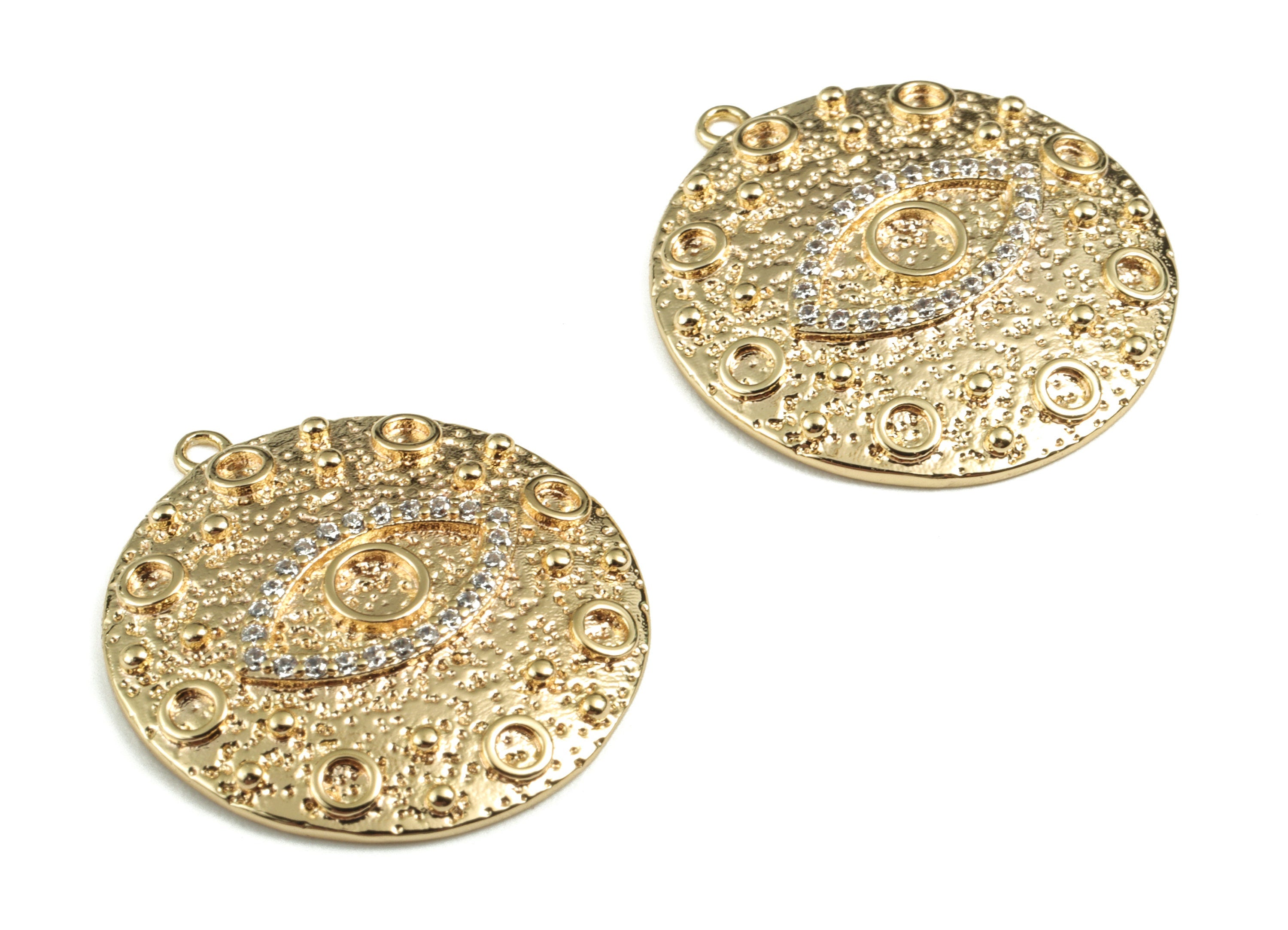 Brass Round Eye Earring Charms With Zircons - Gold Circle Eye Pendant - 18K Real Gold Plated Brass - 24.28x22.37x2.99mm - RGP2773 - DOMEDBAZAAR