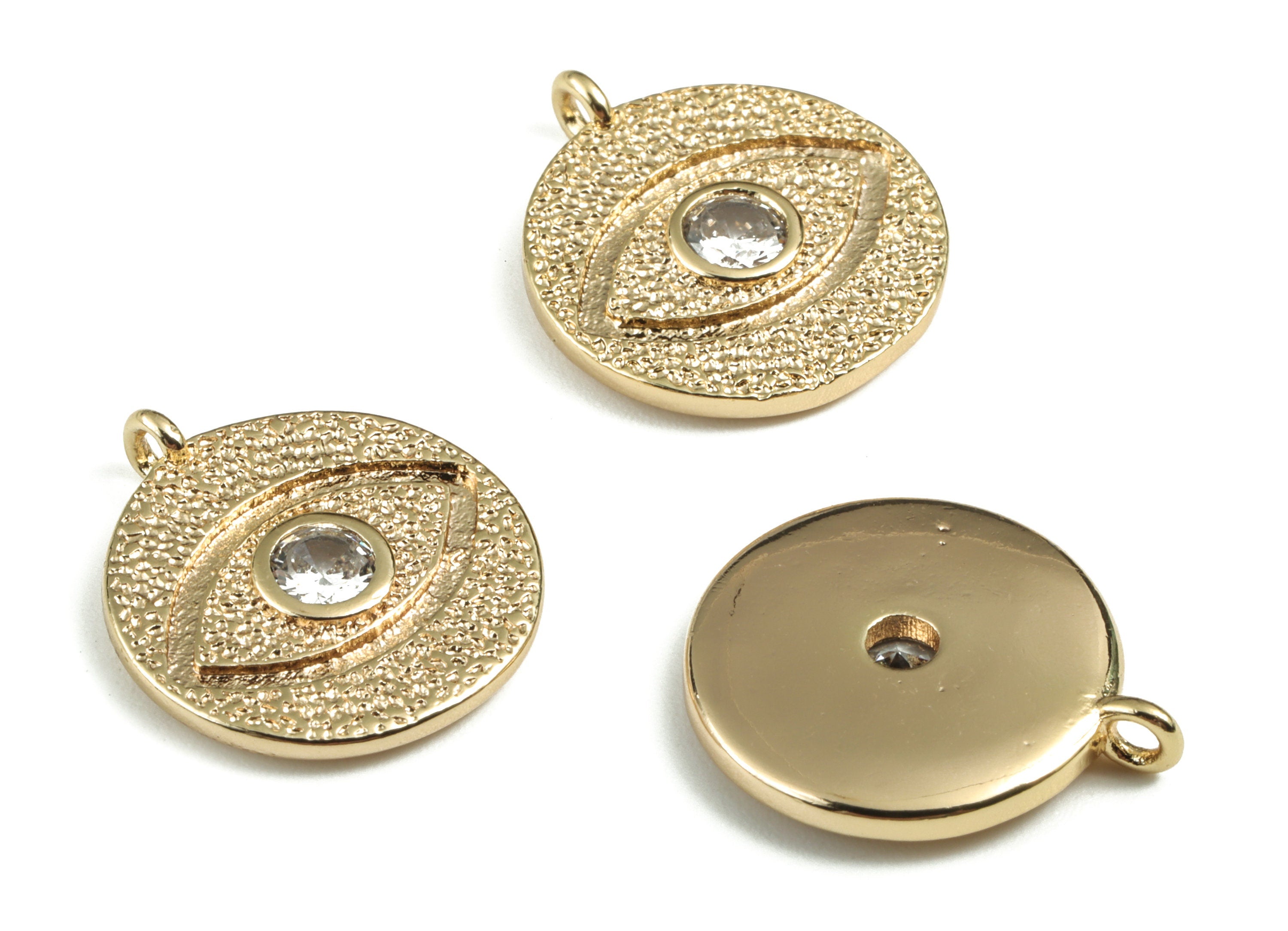 Brass Round Eye Earring Charms With Zircon - Gold Circle Eye Pendant - 18K Real Gold Plated Brass - 18.2x15.77x2.42mm - RGP2766 - DOMEDBAZAAR