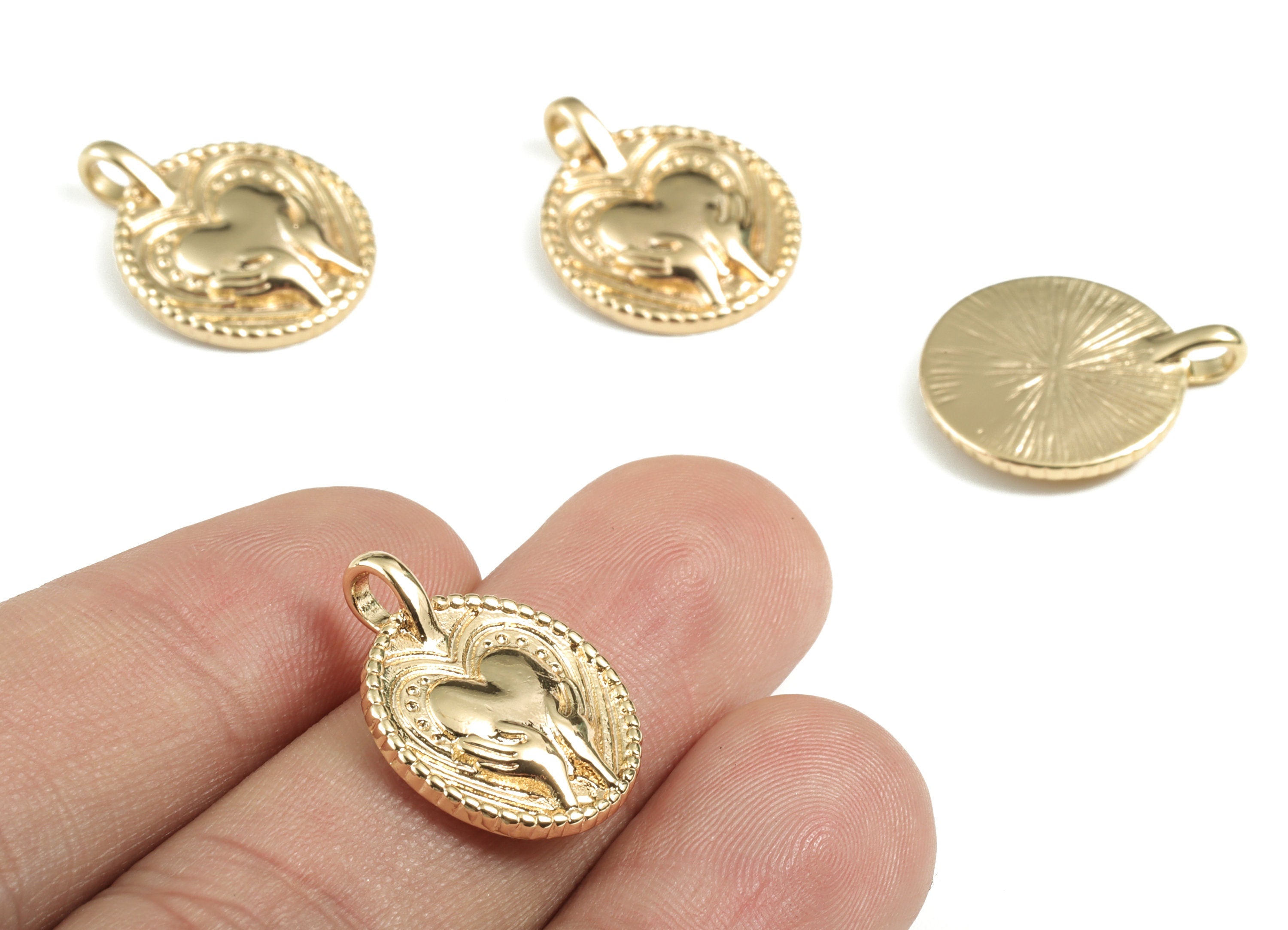 Brass Round Holding Love Earring Charms - Gold Circle Holding Love Pendant - 18K Real Gold Plated Brass - 20.7x16.81x2.76mm - RGP2768 - DOMEDBAZAAR