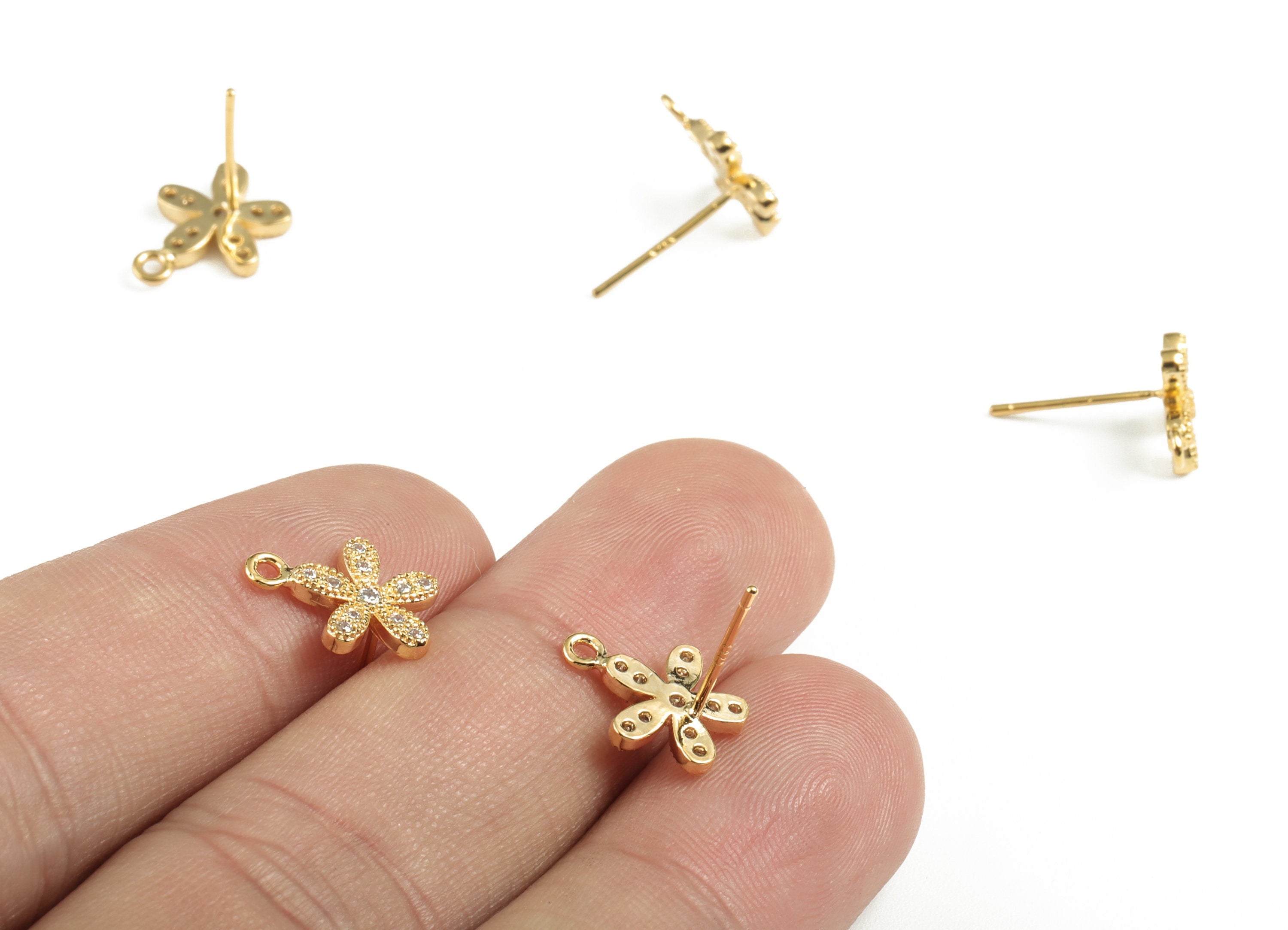 Brass Flower Earring Stud With Zircon - Gold Flower Earring Stud - 18K Real Gold Plated - 316 Stainless Steel - 11.24x9.32x1.73mm - RGP2788 - DOMEDBAZAAR