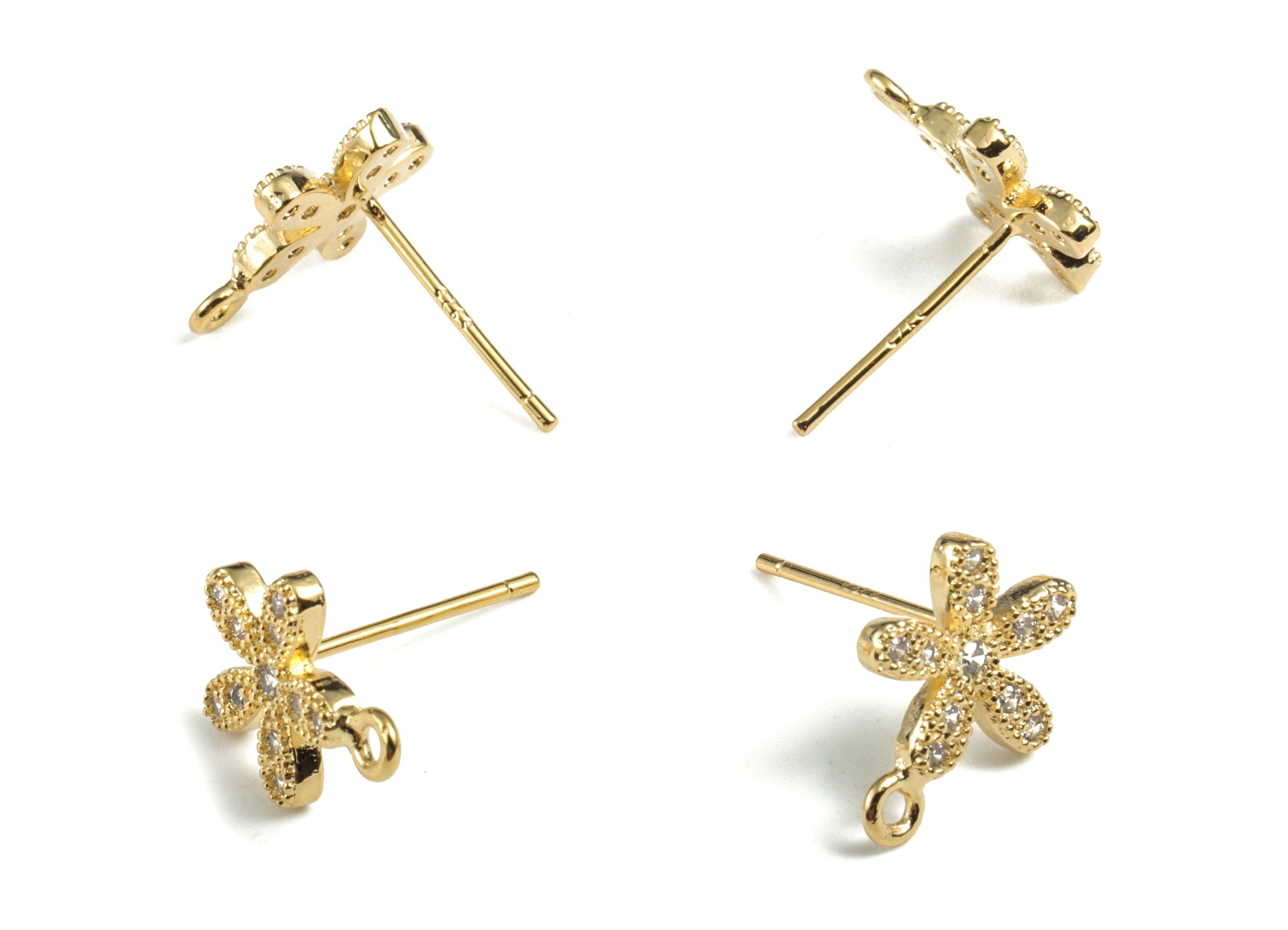 Brass Flower Earring Stud With Zircon - Gold Flower Earring Stud - 18K Real Gold Plated - 316 Stainless Steel - 11.24x9.32x1.73mm - RGP2788 - DOMEDBAZAAR
