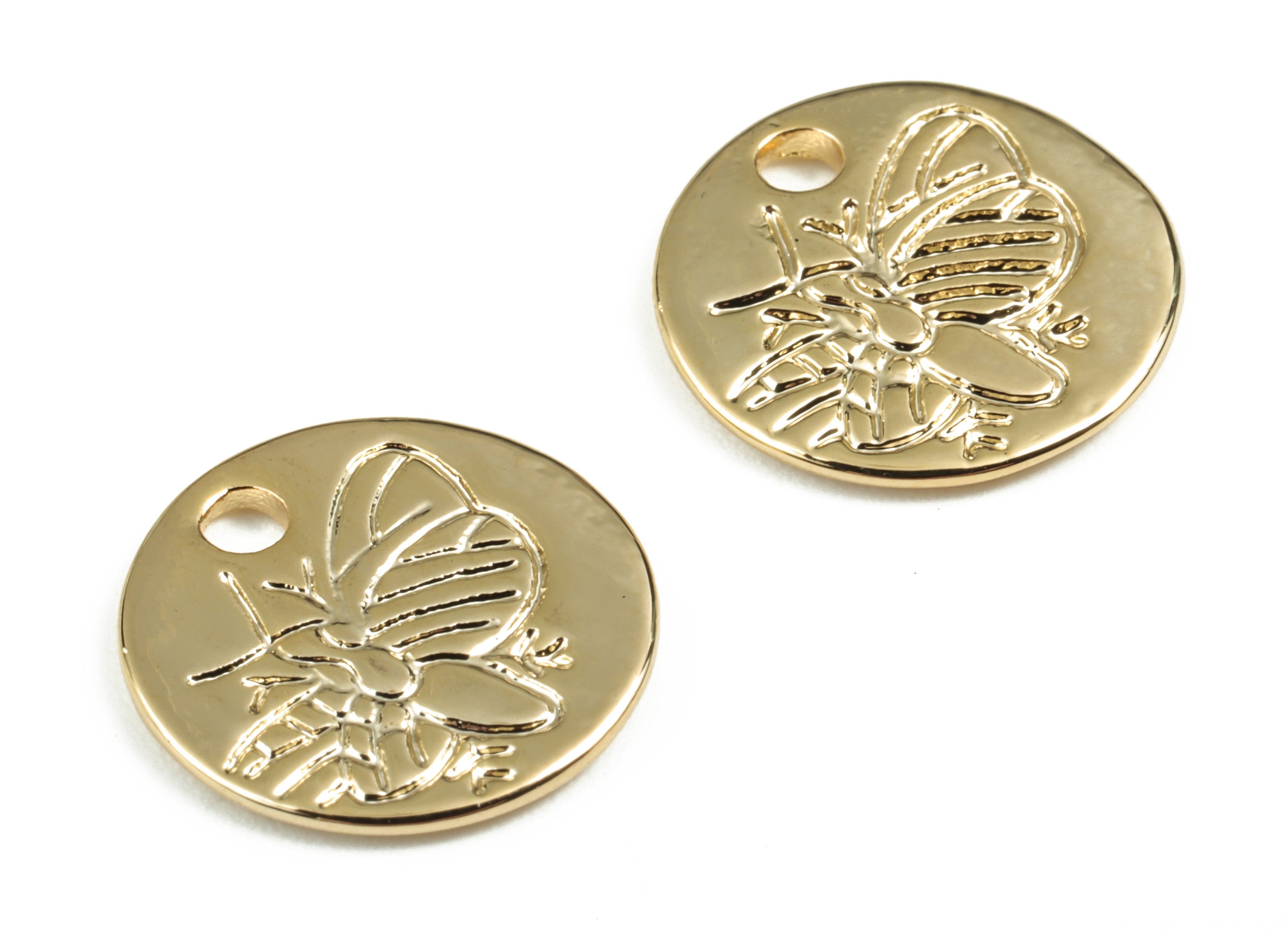 Brass Round Insect Earring Charms - Gold Circle Insect Pendant - 18K Real Gold Plated Brass - 13.32x13.32x1.13mm - RGP2794 - DOMEDBAZAAR