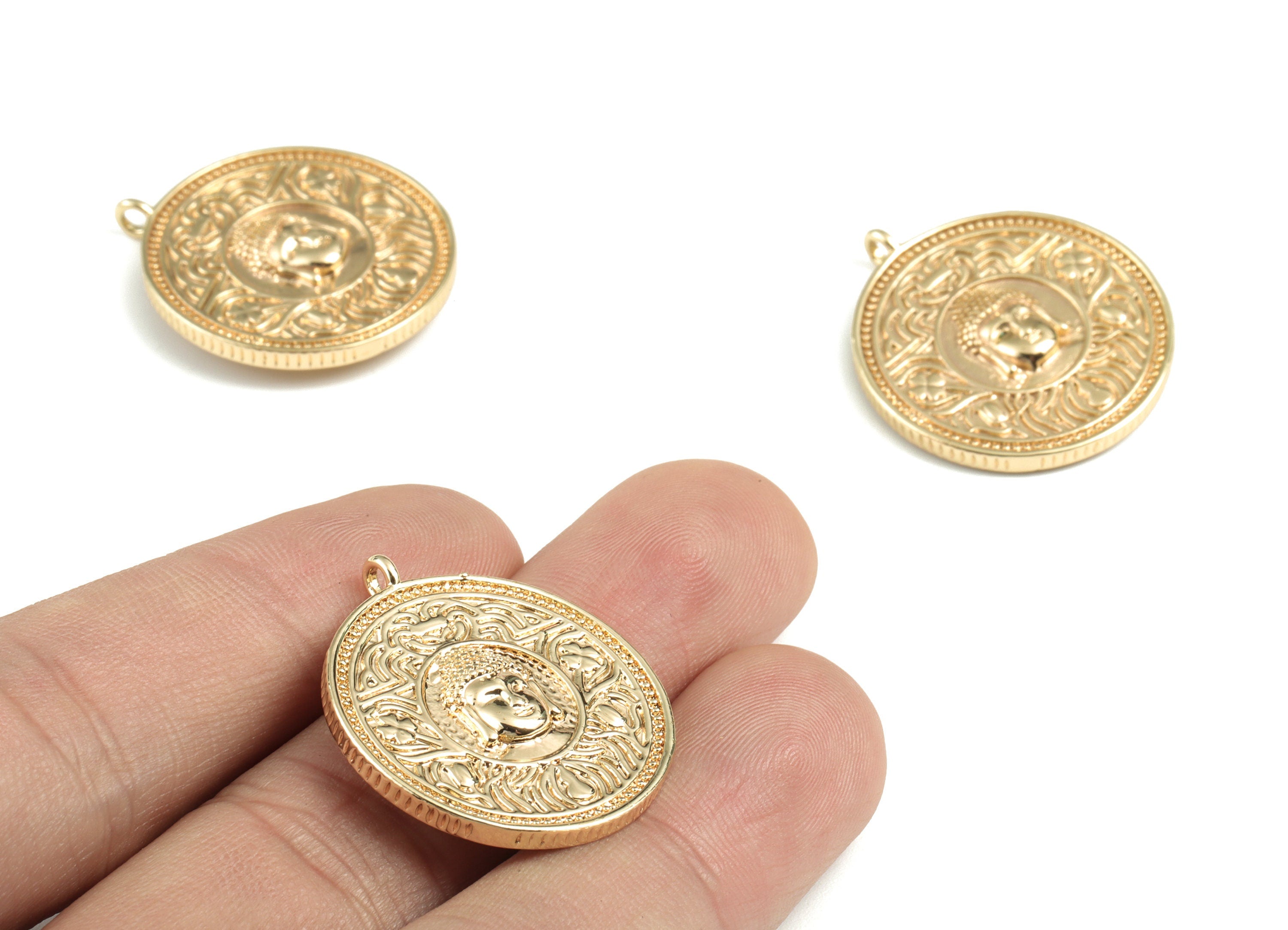 Brass Round Buddha Statue Earring Charms - Gold Round Pendant - 18K Real Gold Plated Brass - 28.09x25.03x4.4mm - RGP2760 - DOMEDBAZAAR