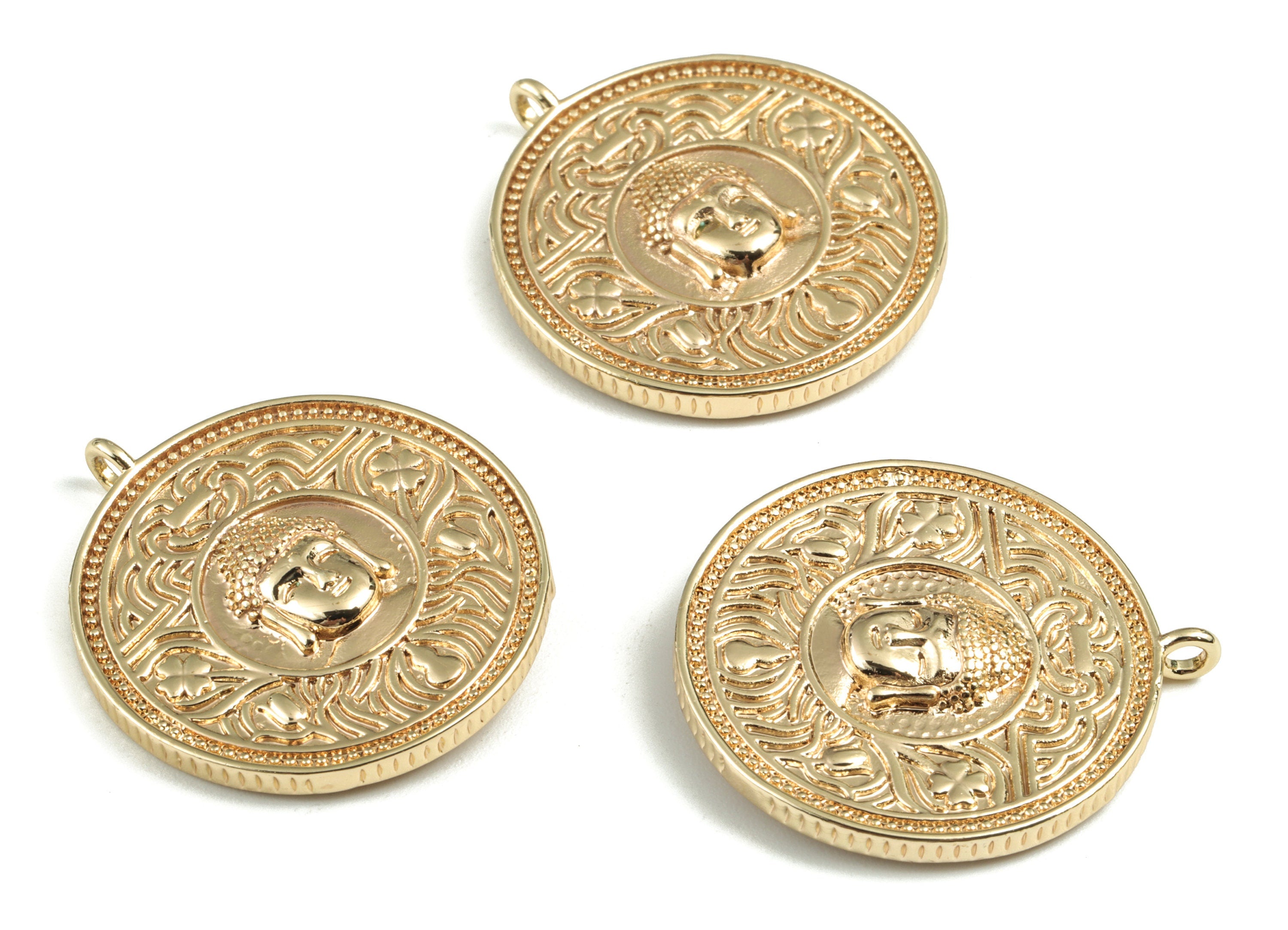 Brass Round Buddha Statue Earring Charms - Gold Round Pendant - 18K Real Gold Plated Brass - 28.09x25.03x4.4mm - RGP2760 - DOMEDBAZAAR