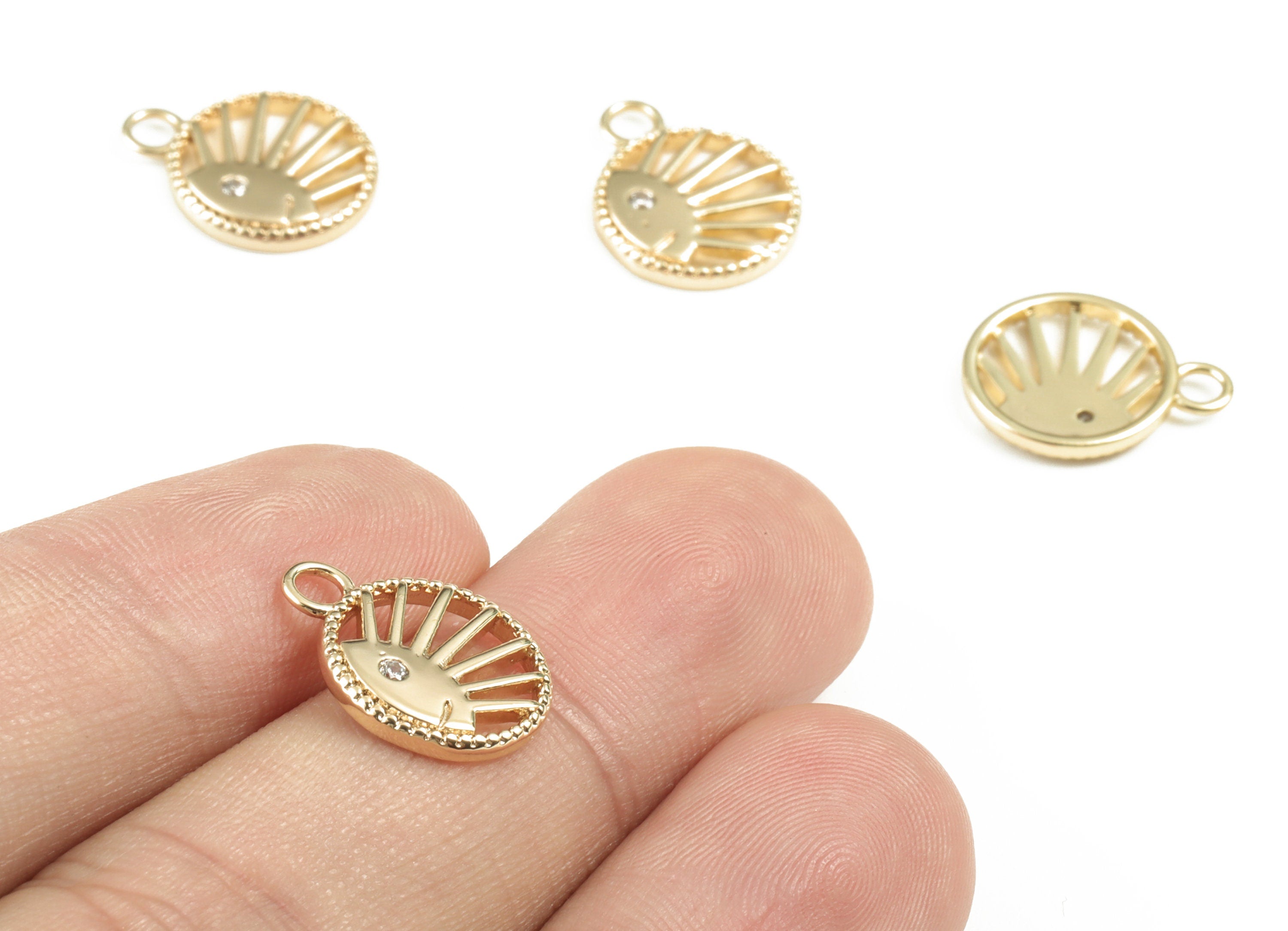 Brass Round Sun Face Earring Charms With Zircon - Gold Circle Sun Face Pendant - 18K Real Gold Plated Brass - 15.29x12.06x1.84mm - RGP2774 - DOMEDBAZAAR